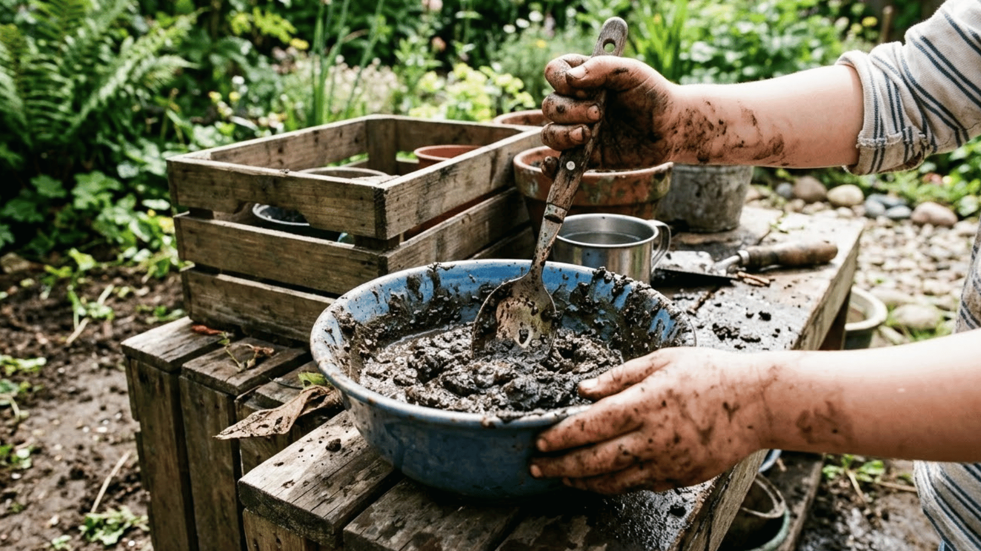 child stirring bowl of mud with kitchen spoon at outdoor garden play station