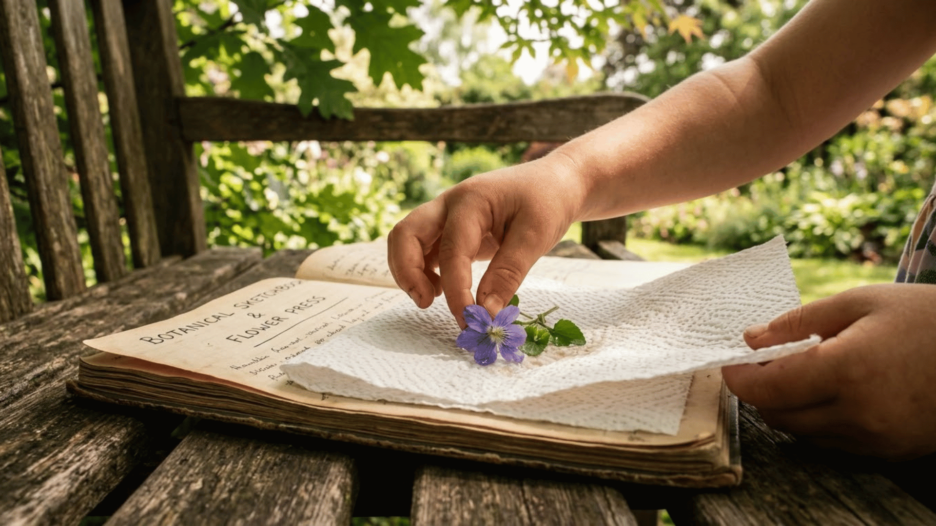 child kneeling in garden placing fresh picked flower between paper towel sheets in book