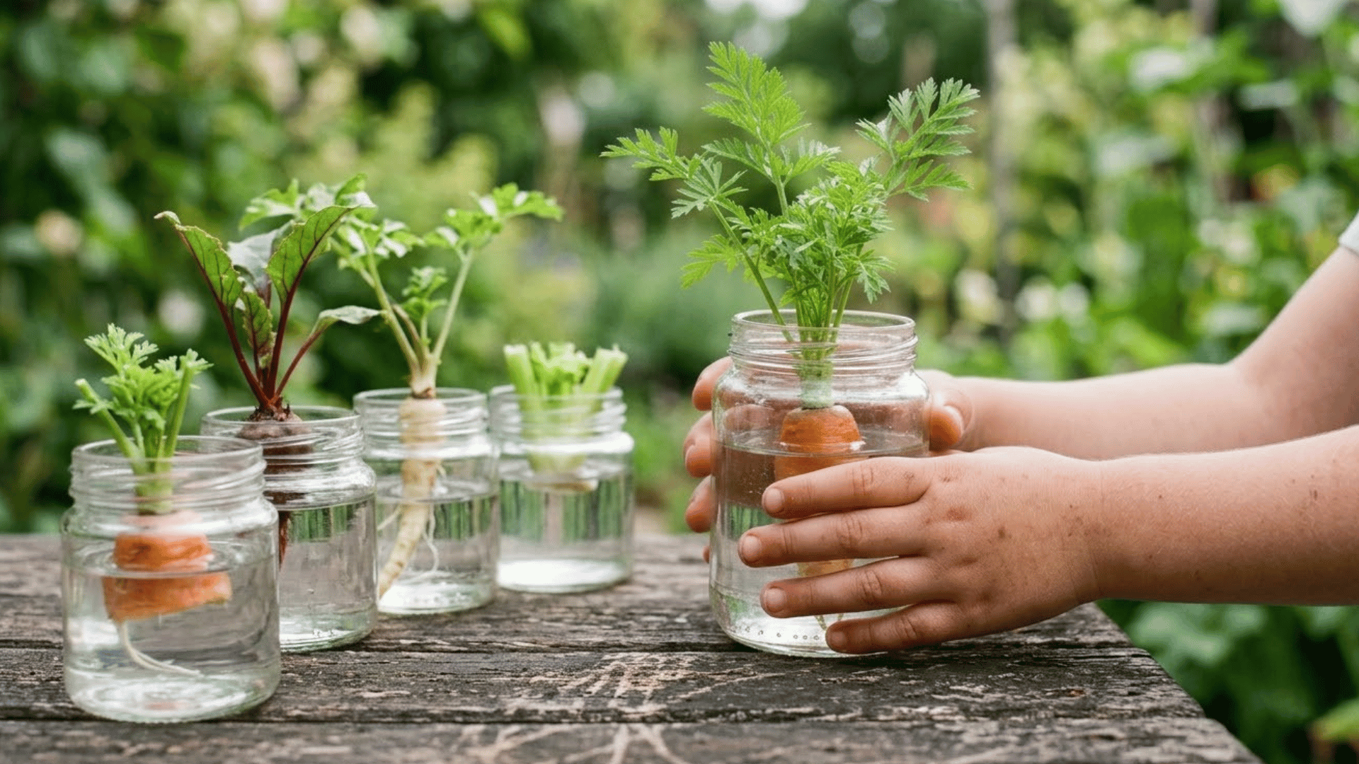 child placing carrot top into glass jar of water on wooden garden table
