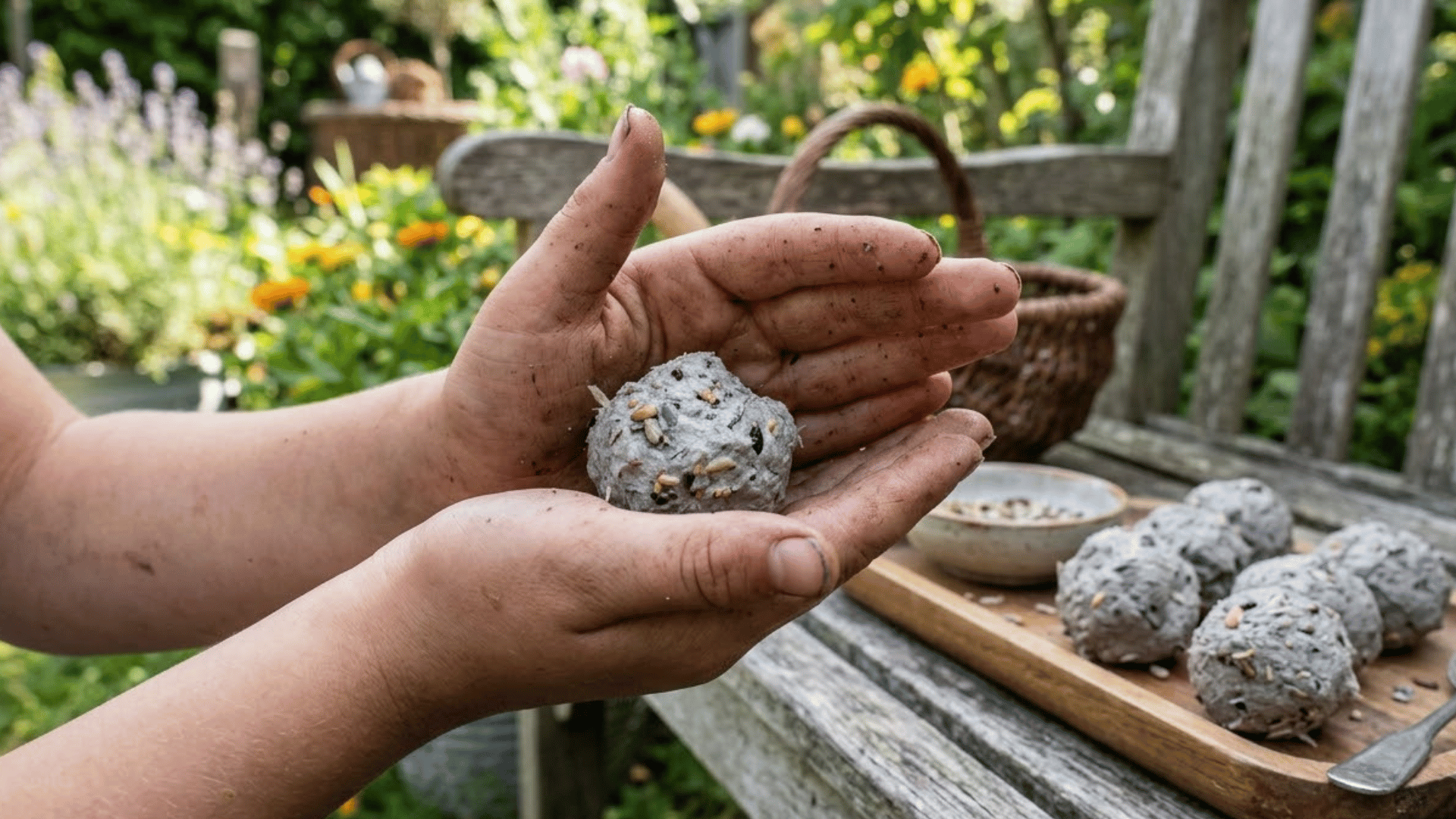 child sitting on garden bench rolling gray paper pulp seed bomb between both palms