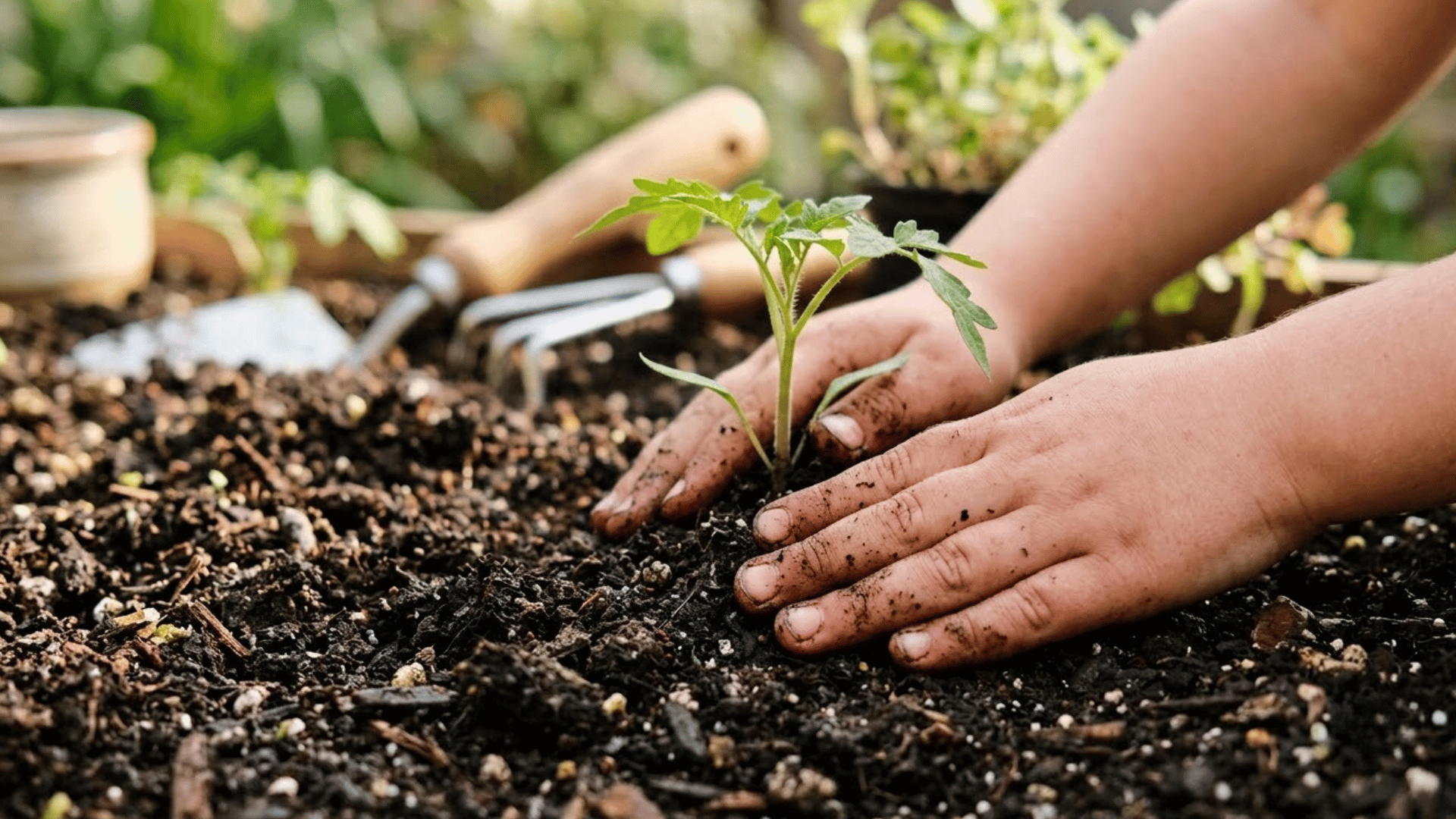 small hands transplanting young seedling into garden bed soil