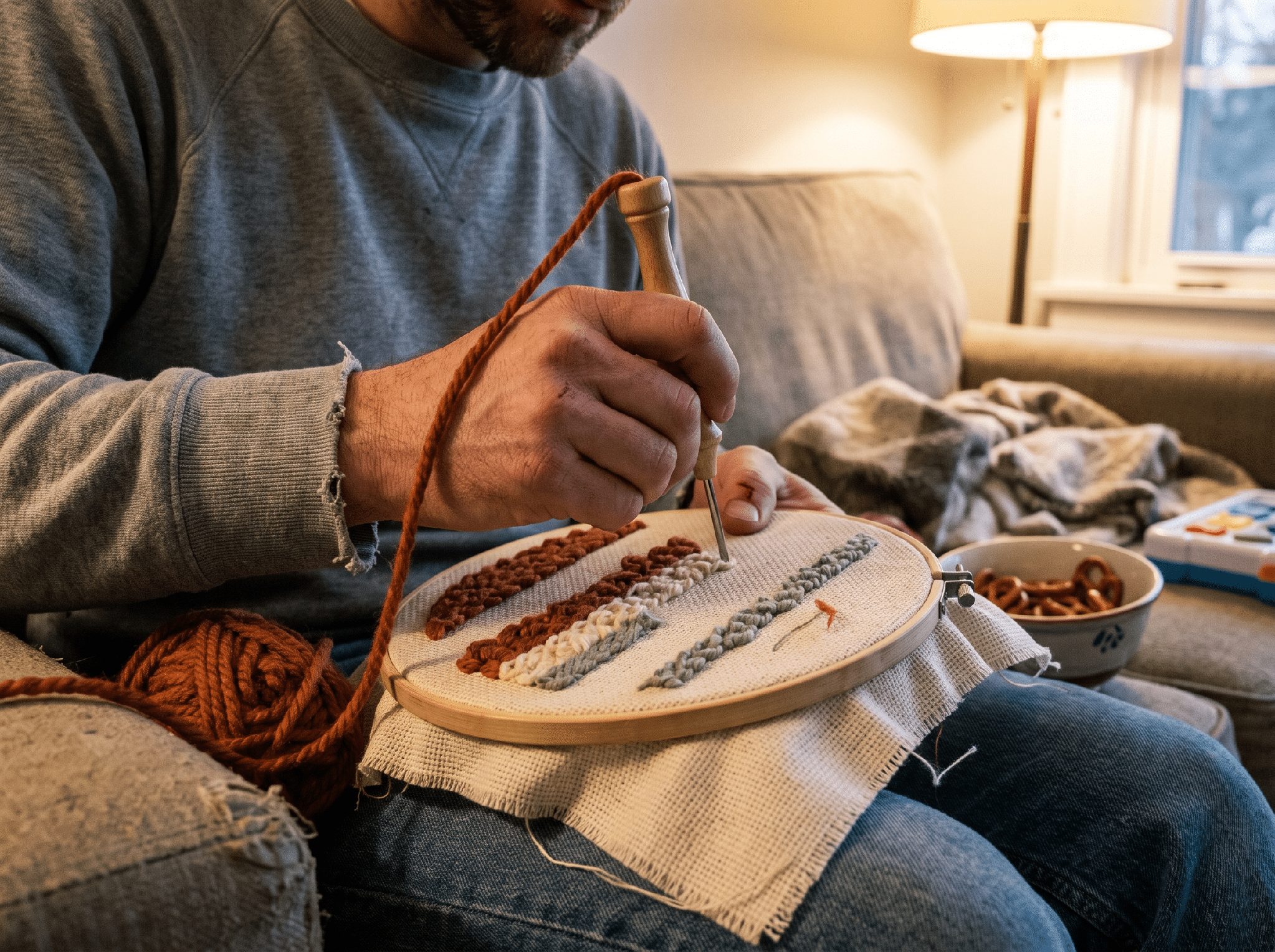 Hands working a punch needle tool through fabric in a wooden hoop, with rust, cream and sage yarn loops forming rows