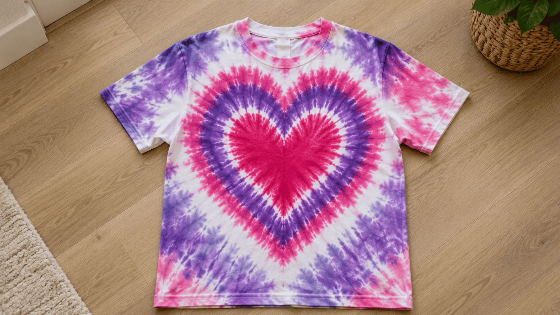 pink and purple heart tie dye pattern centered on a white cotton t shirt