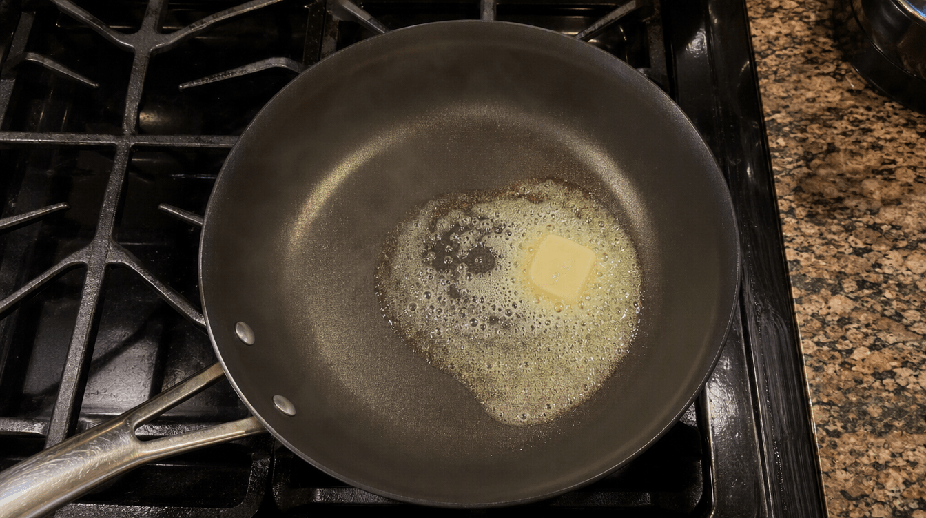 butter melting on a heated nonstick skillet before cooking pancakes.