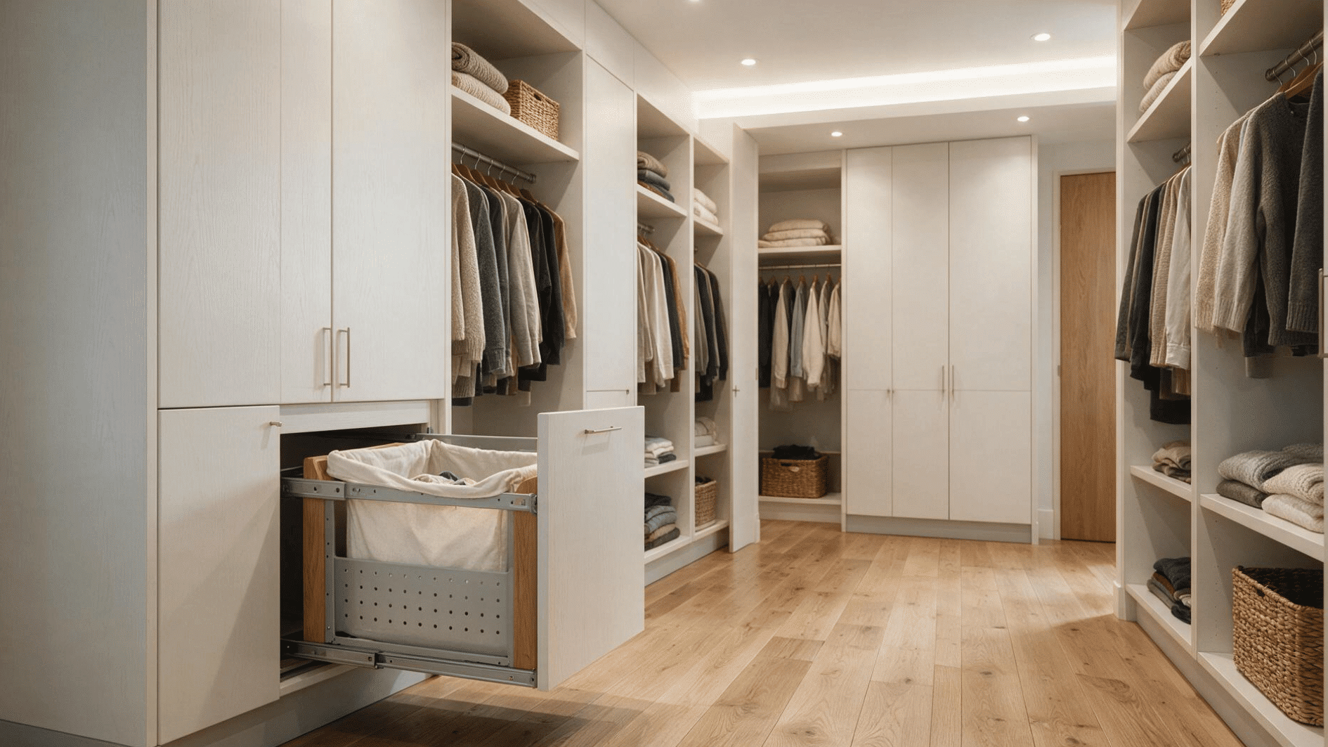 small walk-in closet with a hidden built-in laundry hamper inside lower cabinetry
