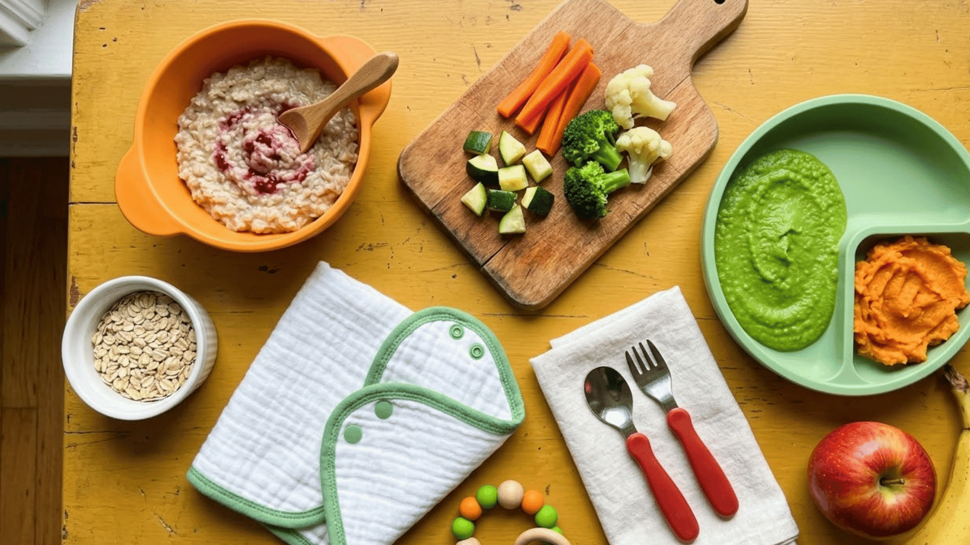 baby feeding setup with oatmeal vegetable purees sliced veggies apple bibs and utensils arranged on a table