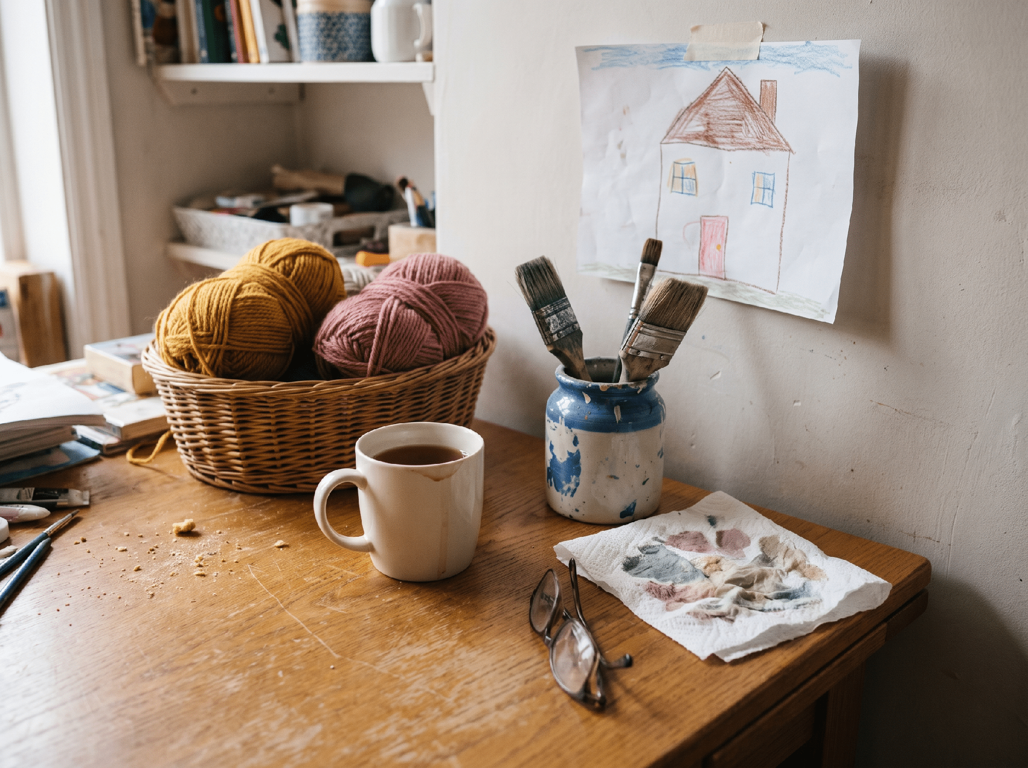 Home craft nook on a wooden table with a mug of tea, a basket of yarn and paintbrushes in a jar, lit by afternoon window light