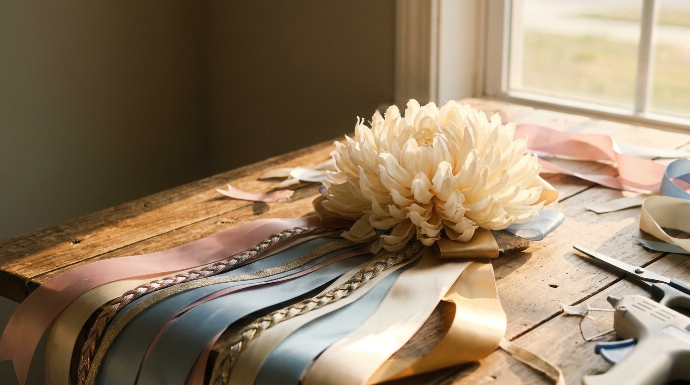 Cream chrysanthemum with colorful ribbons on rustic wooden table in natural sunlight