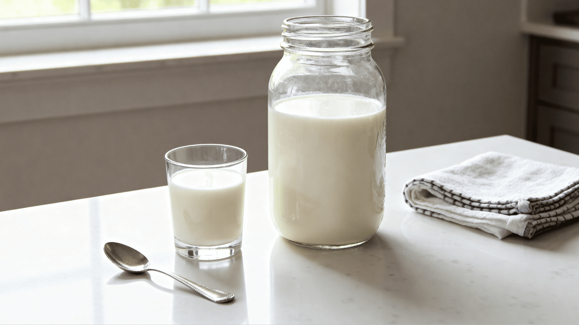 homemade cultured buttermilk in a glass jar with a small glass of fresh buttermilk on a kitchen counter