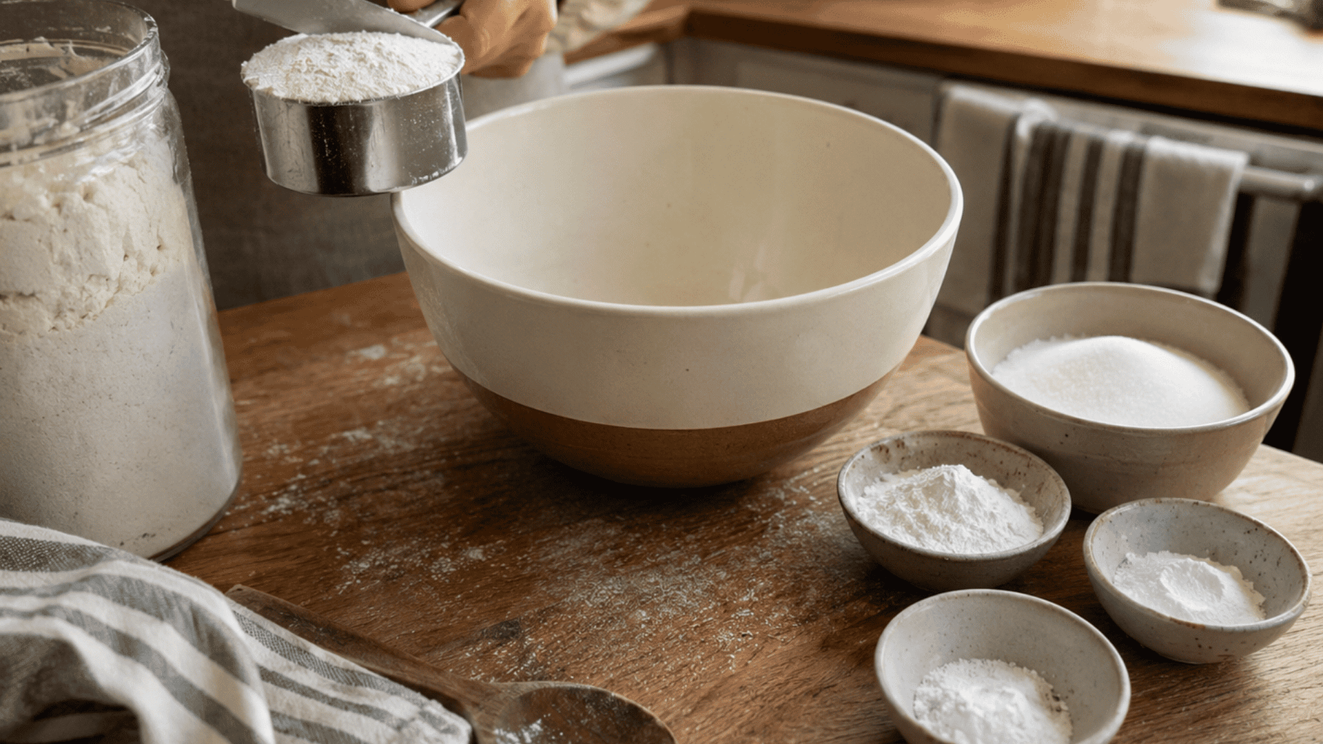 adding dry ingredients in a bowl using a measuring cup to make homemade pancake mix