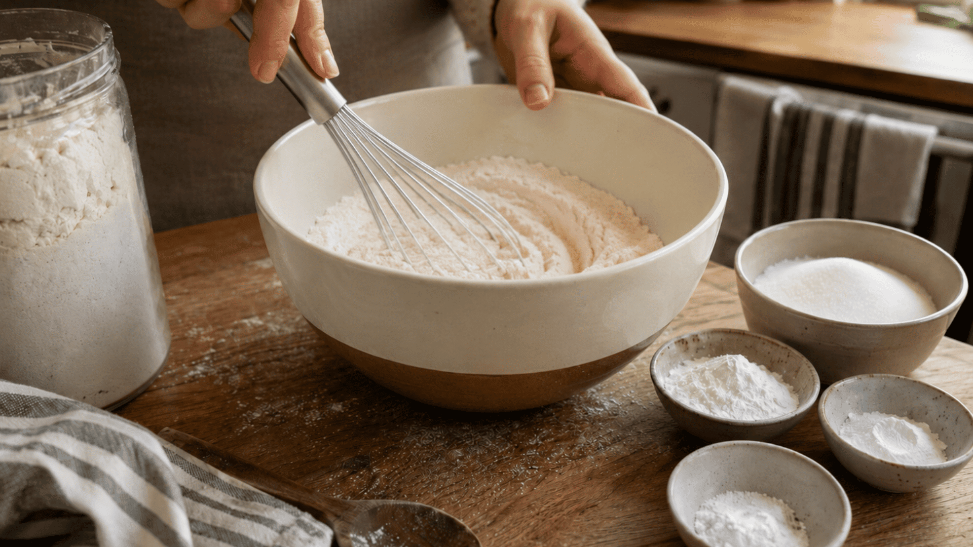 whisking the dry pancake mix ingredients together in a bowl until evenly blended.