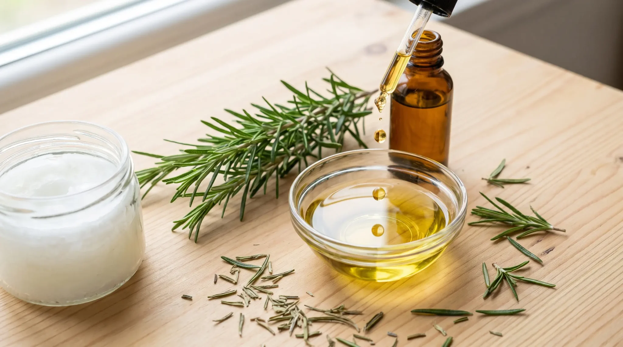 Dropper pouring oil into glass bowl with rosemary and a jar on wooden table