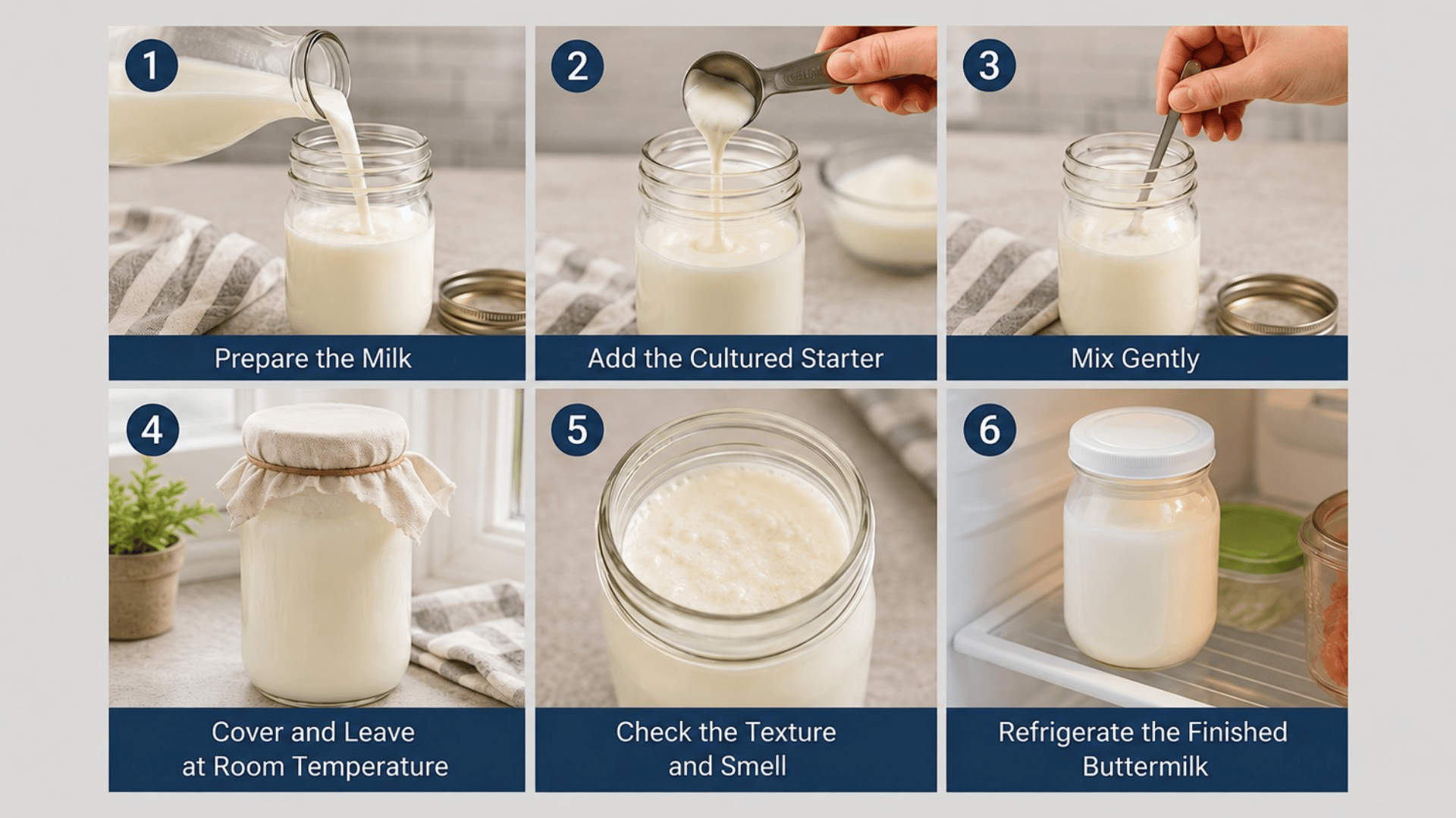 six-step collage showing milk, cultured starter, mixing, resting, checking texture, and chilling buttermilk