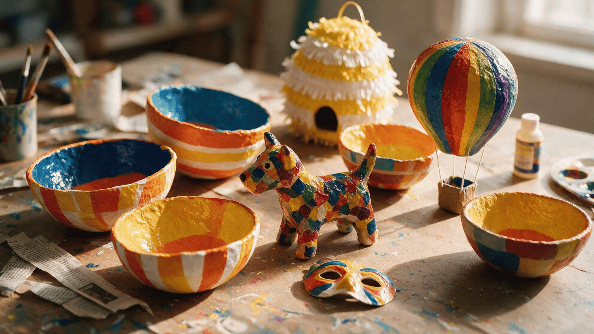 colorful finished paper mache projects including painted bowls, a hot air balloon, an animal figure, and a piñata displayed together on a craft table