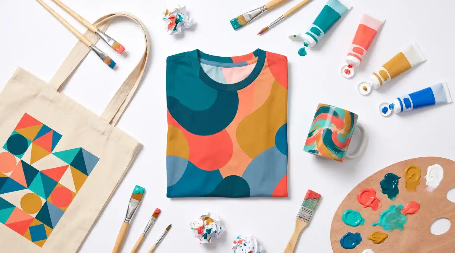 Folded colorful printed t-shirt with matching tote bag, mug, and paint tubes on white surface