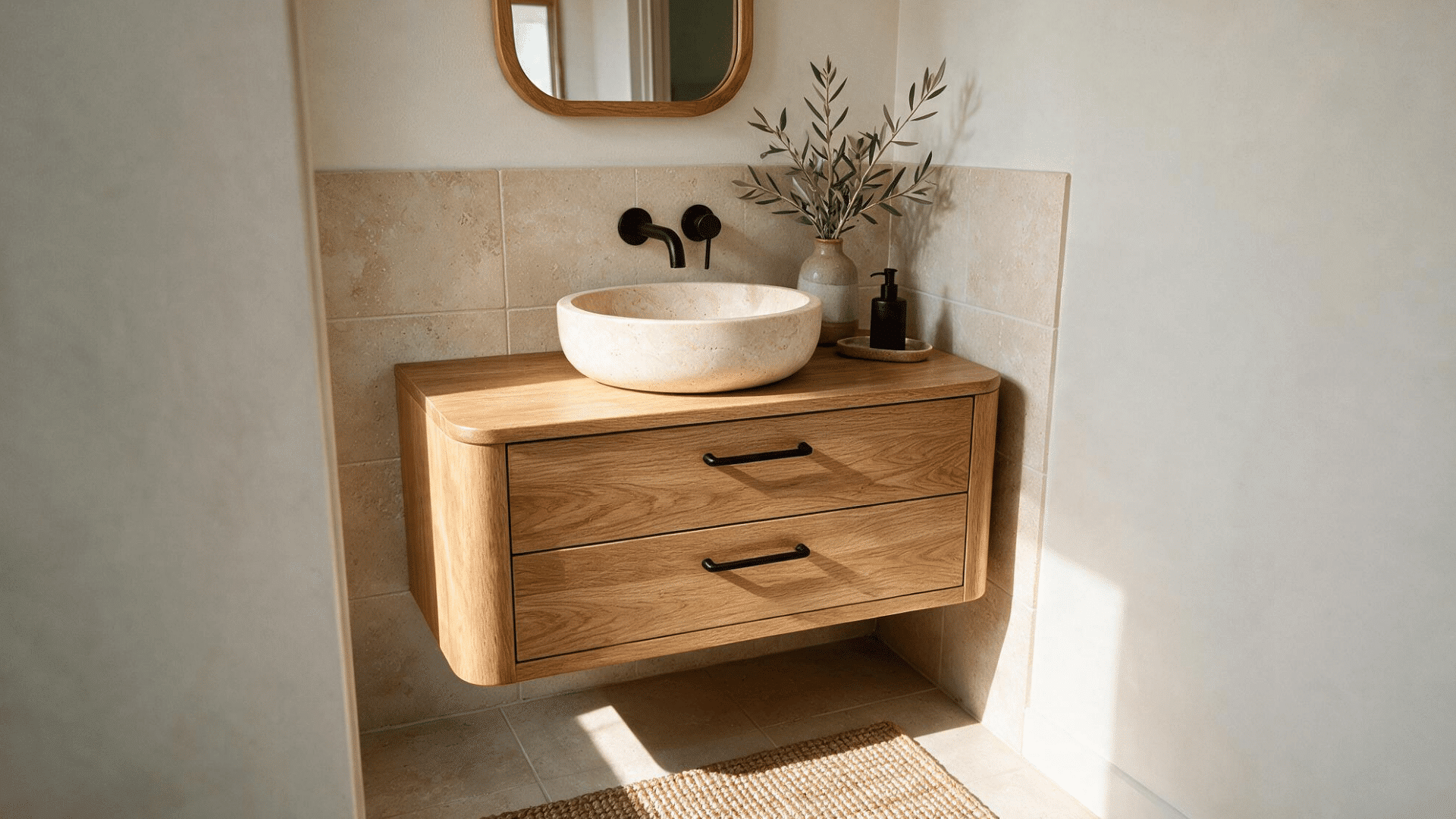 small half bathroom with a floating oak vanity, stone vessel sink, black wall-mounted faucet, and open floor space underneath