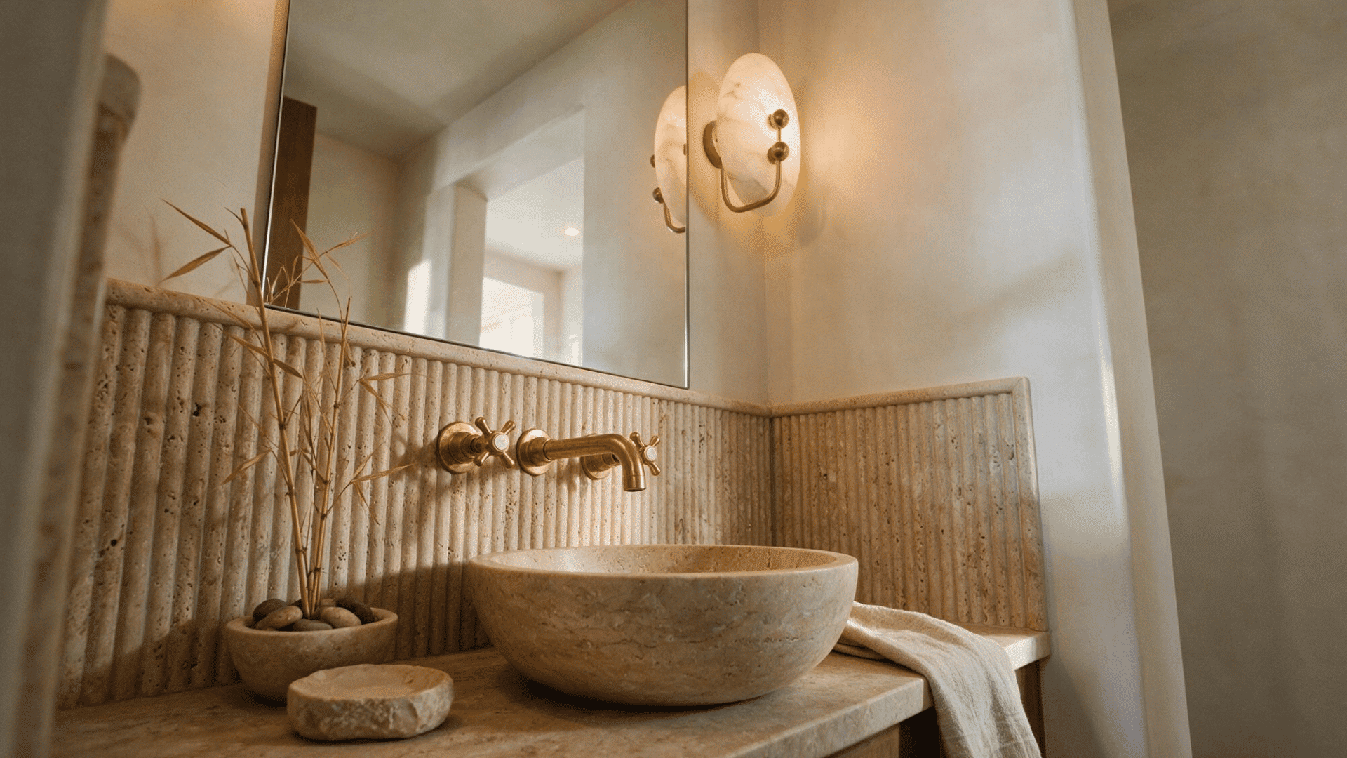 close-up of a stone vessel sink with a wall-mounted brass faucet in a small half bathroom