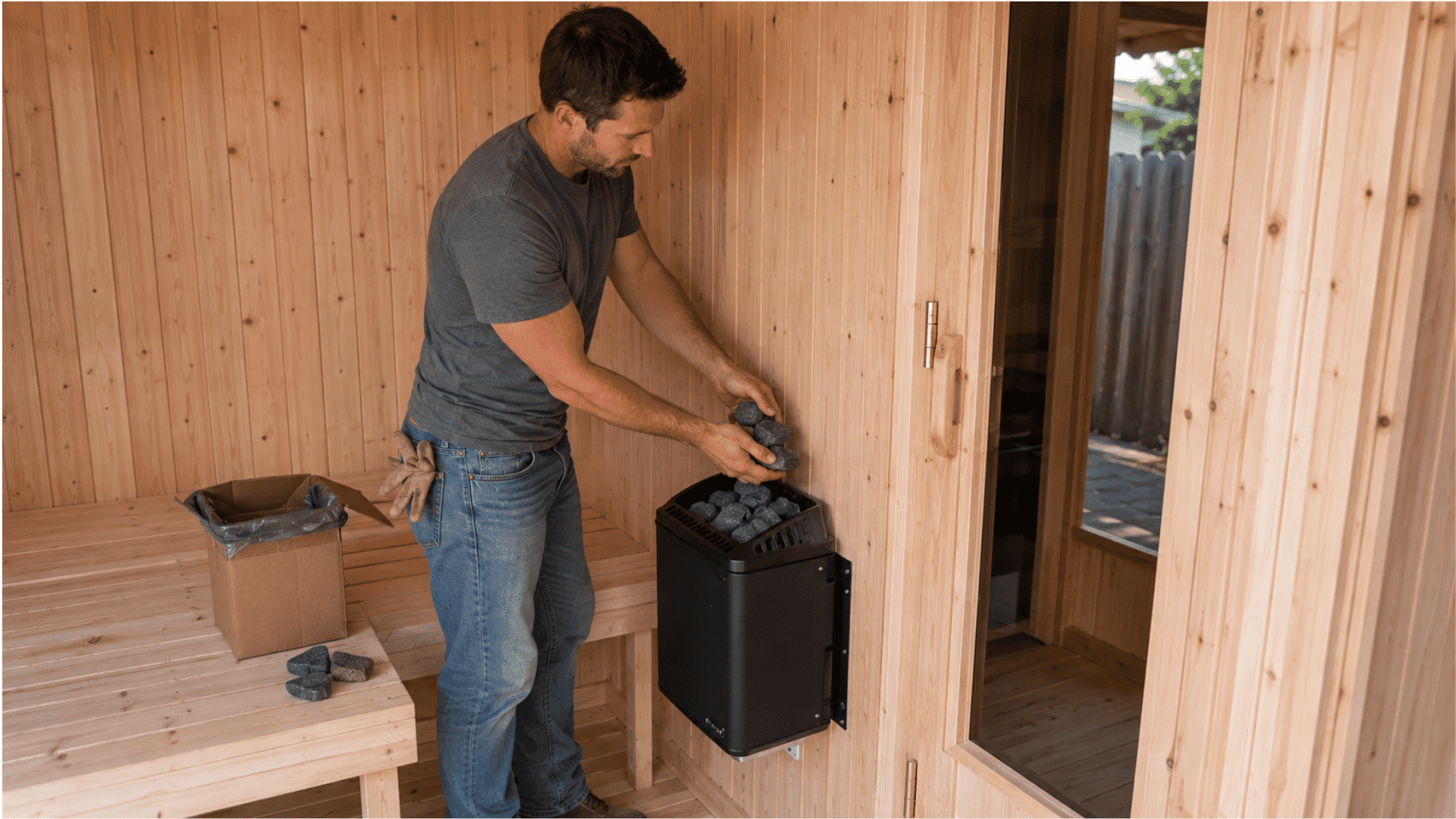 man placing sauna stones into a heater beside the newly installed sauna door