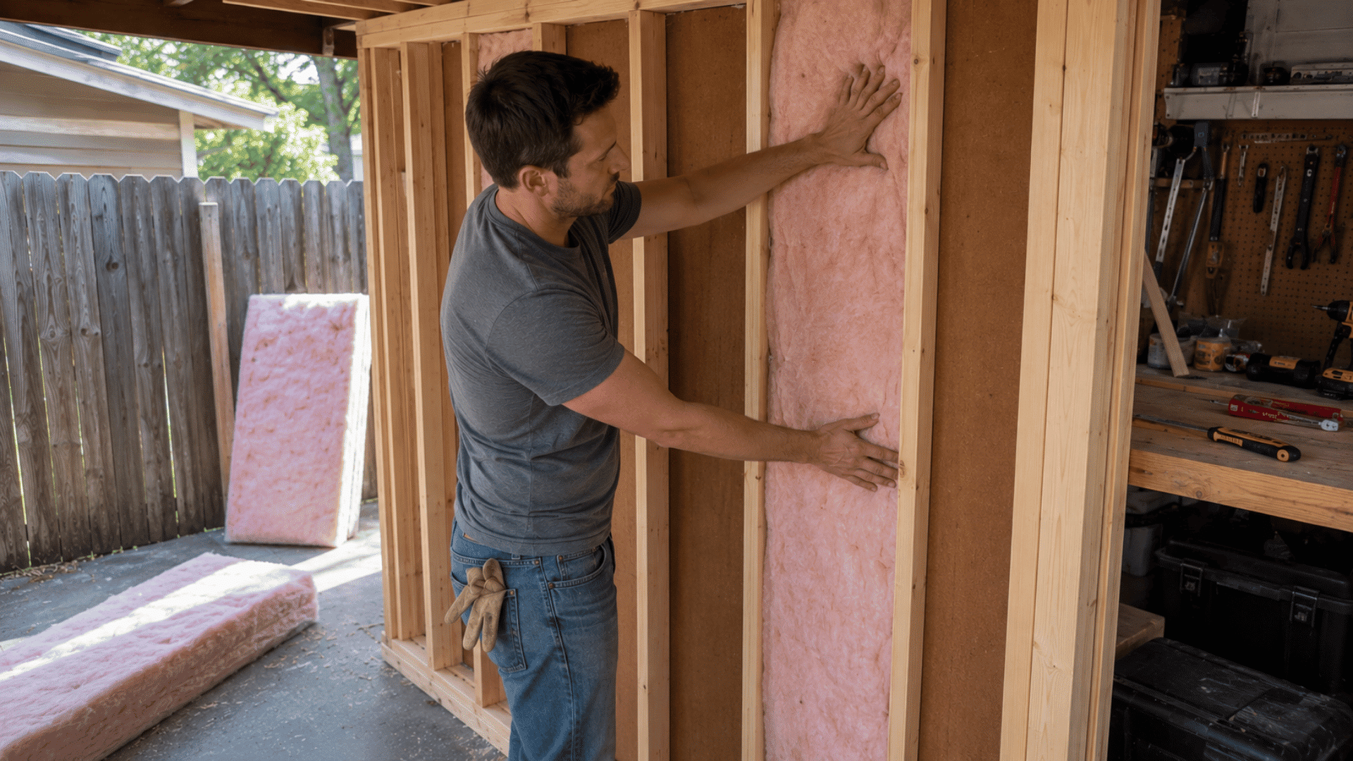 man pressing pink insulation batts into wall stud cavities of a diy sauna