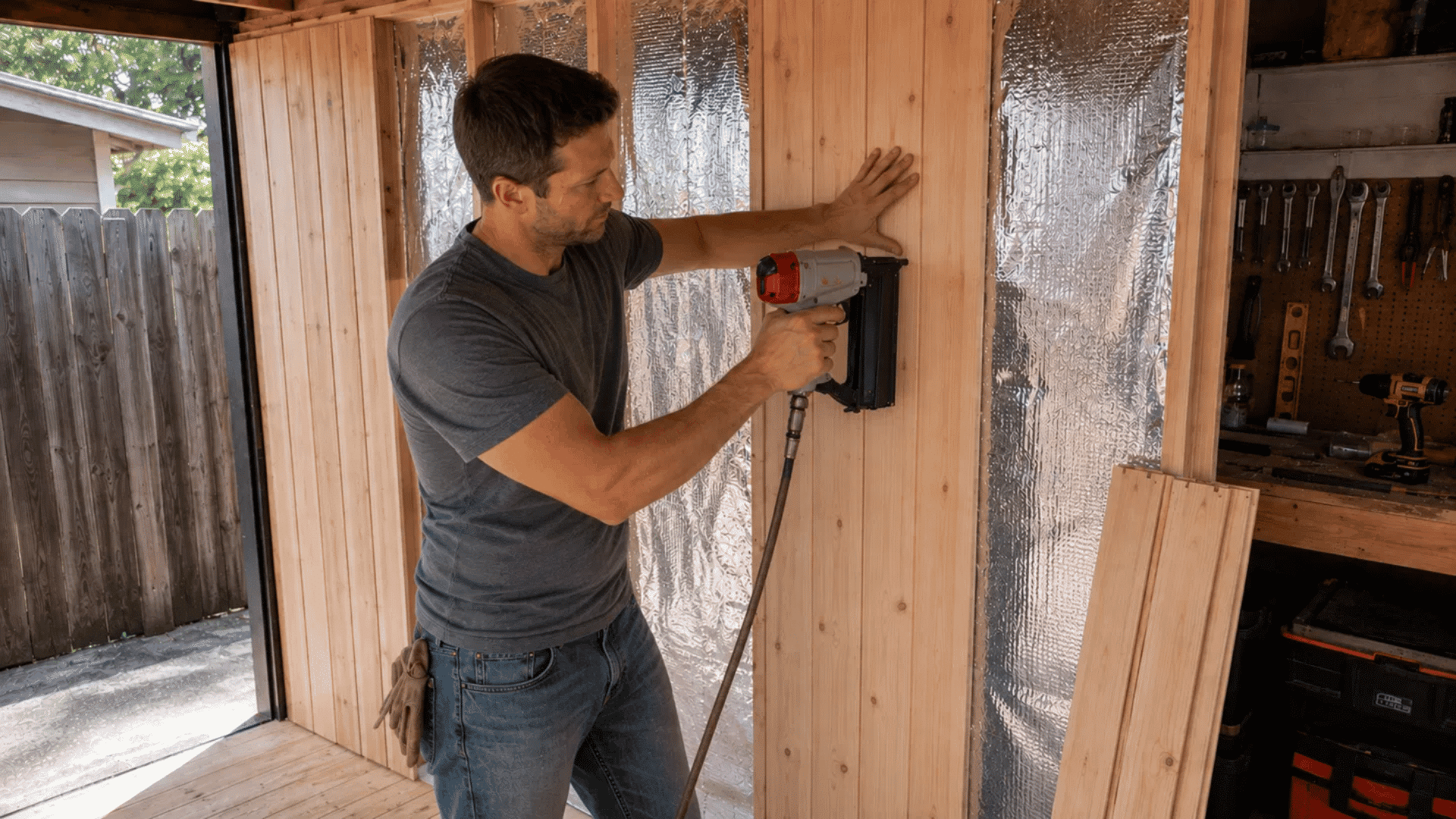 man nailing a wood panel board onto the foil-covered wall of a diy sauna