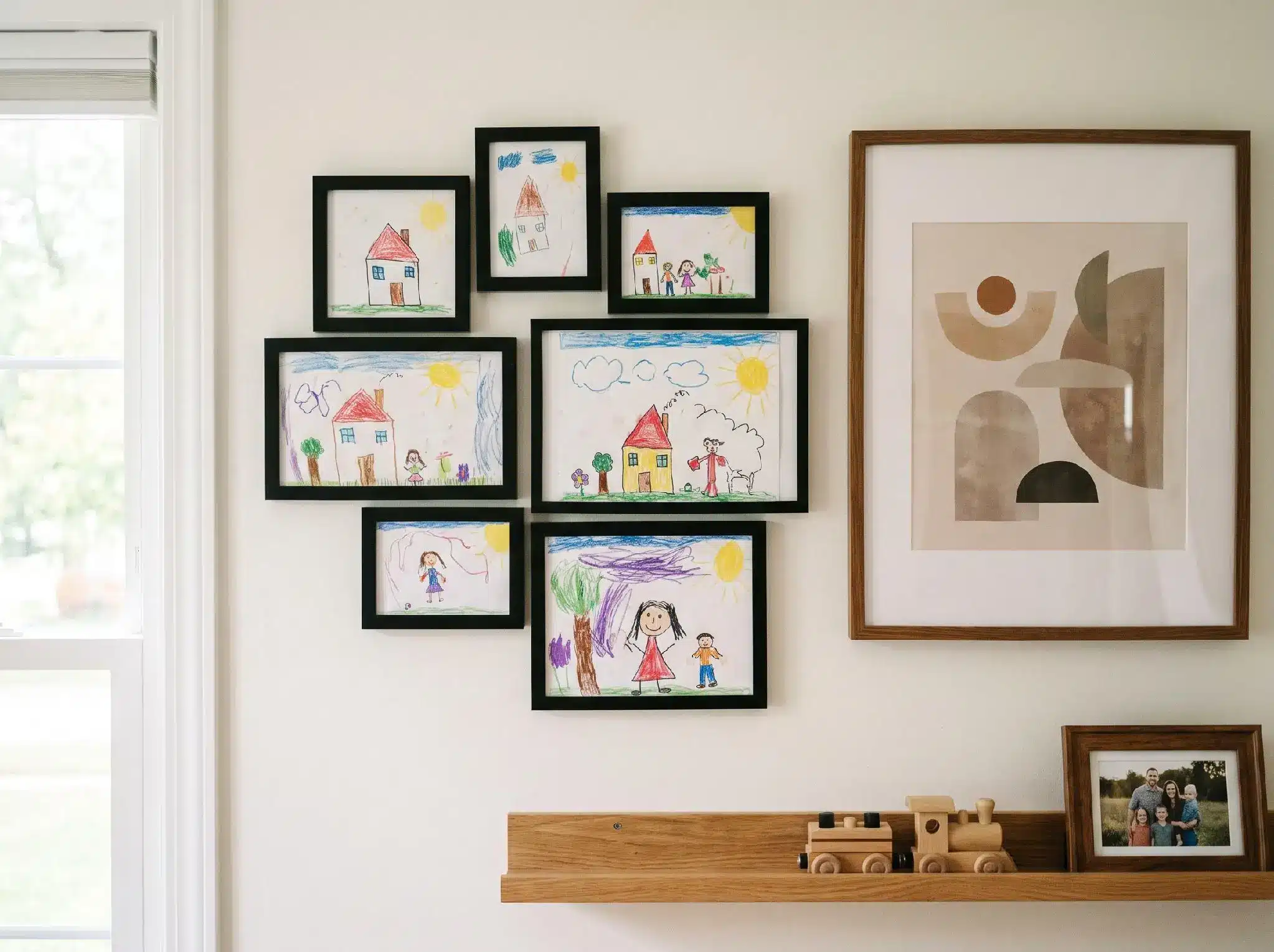 Framed children's drawings on living room wall above wooden shelf with wooden train set