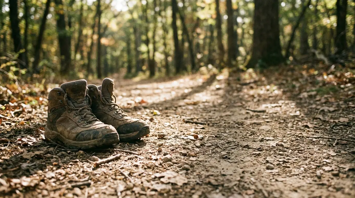 Worn hiking boots on forest path under dappled sunlight in autumn woods