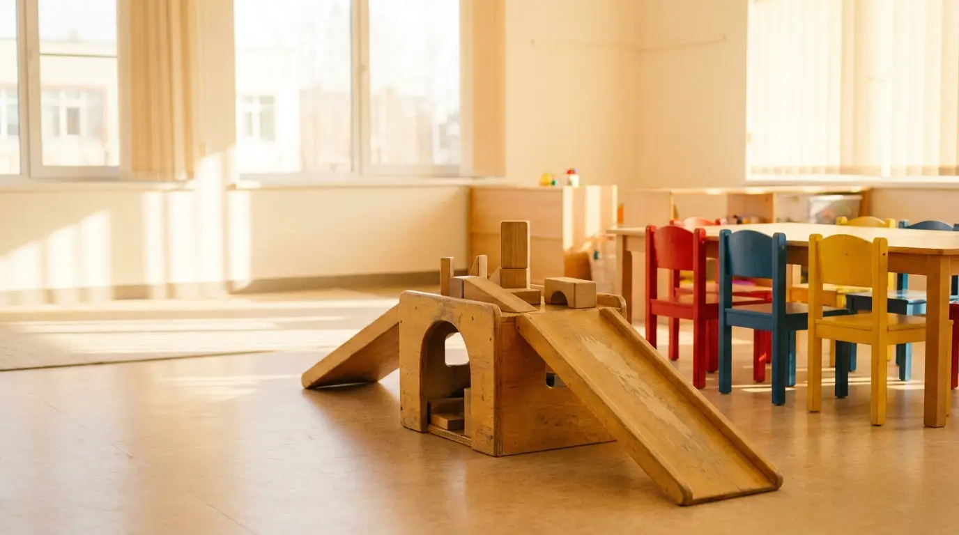 Wooden play structure on sunny preschool classroom floor near colorful chairs and tables