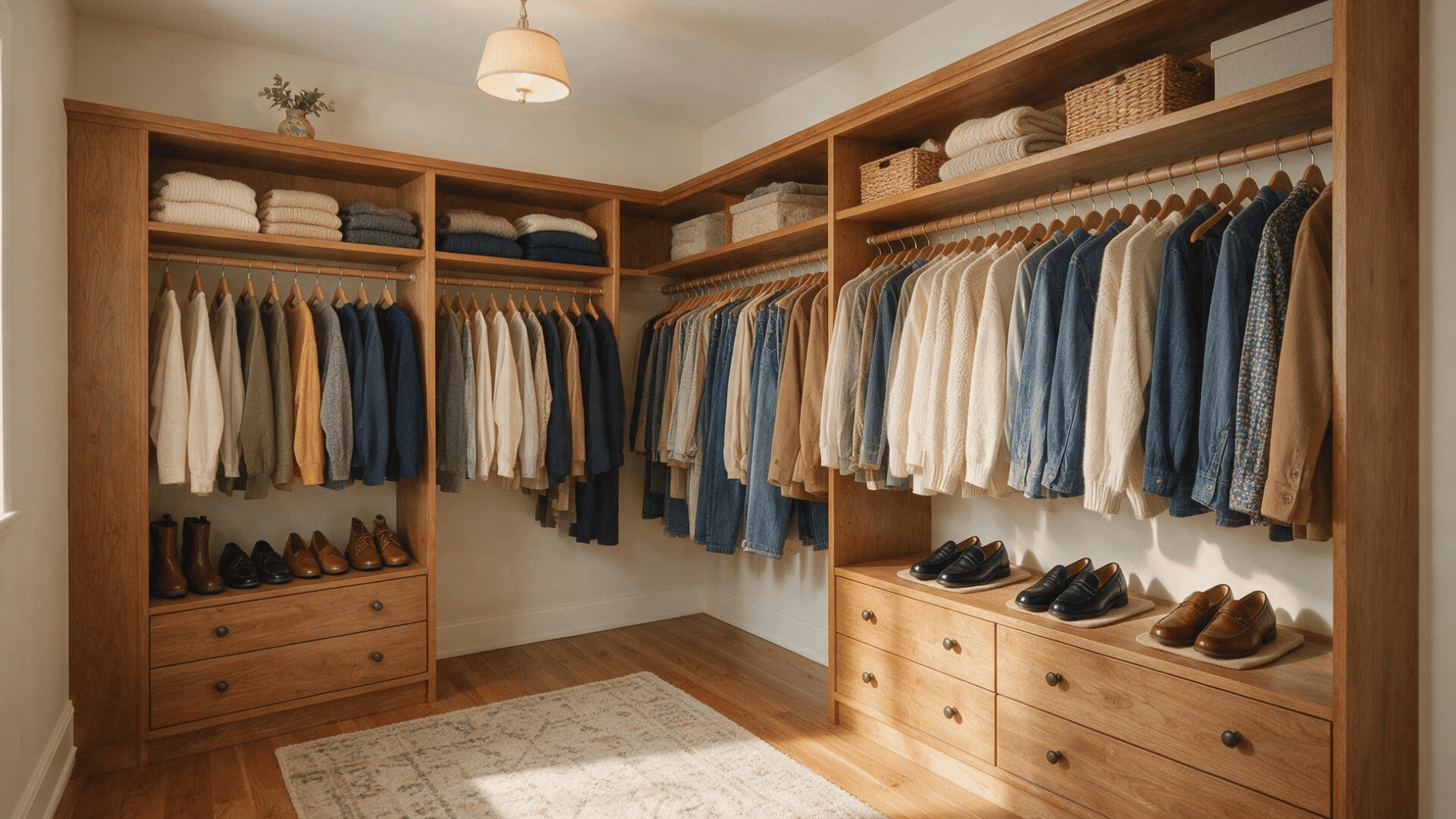 small walk-in closet with an l-shaped layout using two adjoining walls for storage