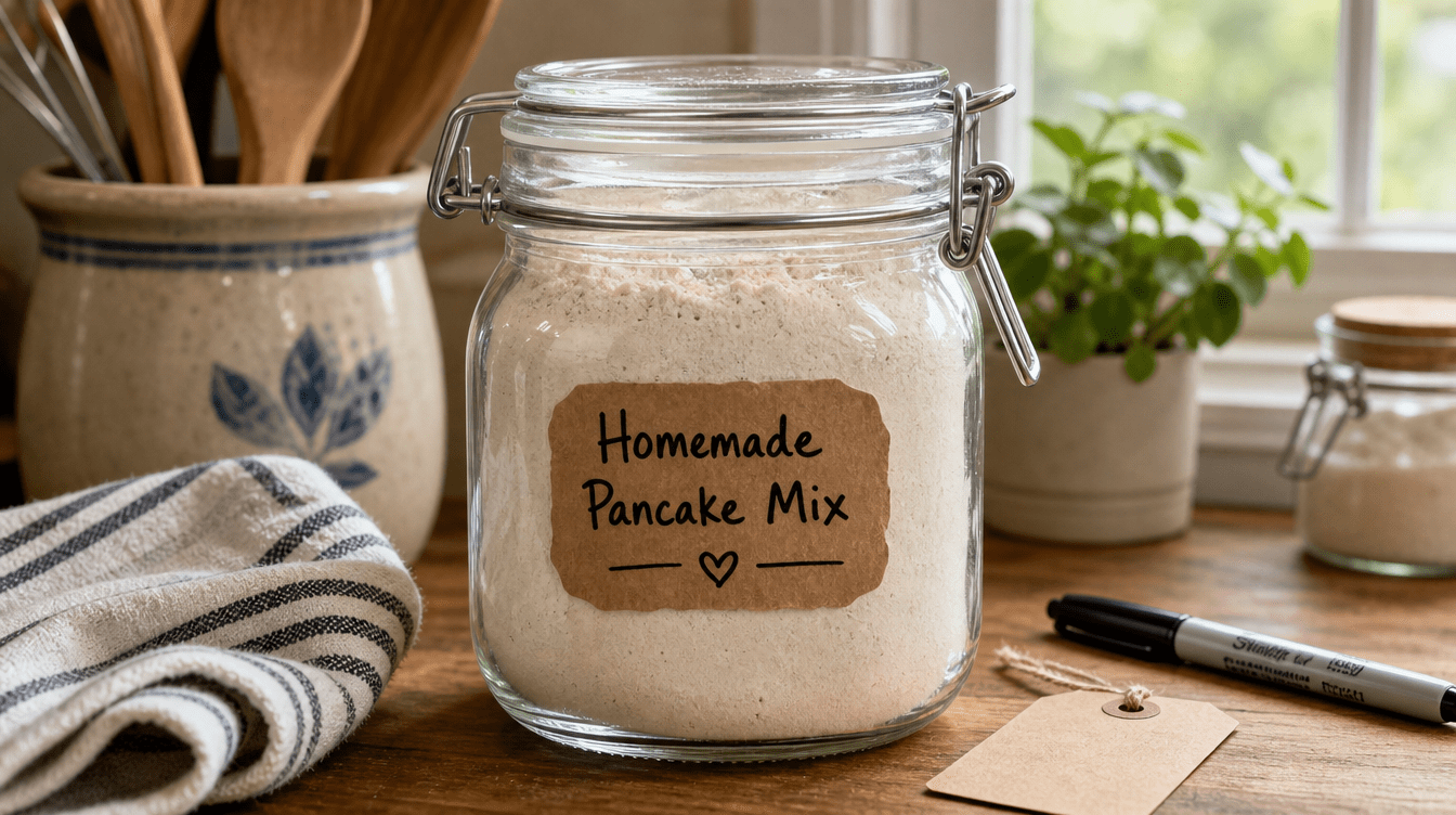sealed glass jar of <echighlighted><echighlighted>homemade pancake mix</echighlighted></echighlighted> with a handwritten label showing the name and date.