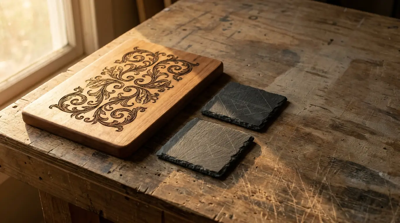Ornately engraved wooden cutting board and slate coasters on rustic wooden table in warm light