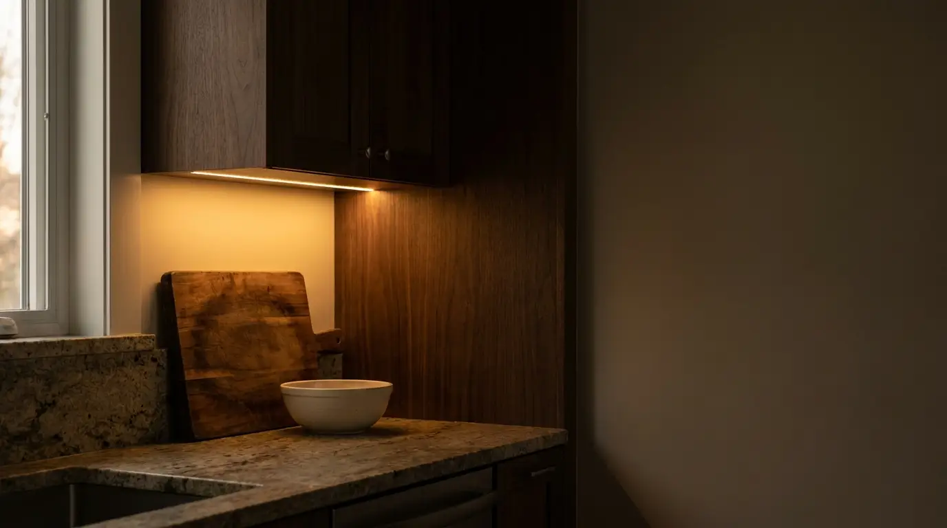 Cutting board and white bowl on granite countertop in dimly lit kitchen corner
