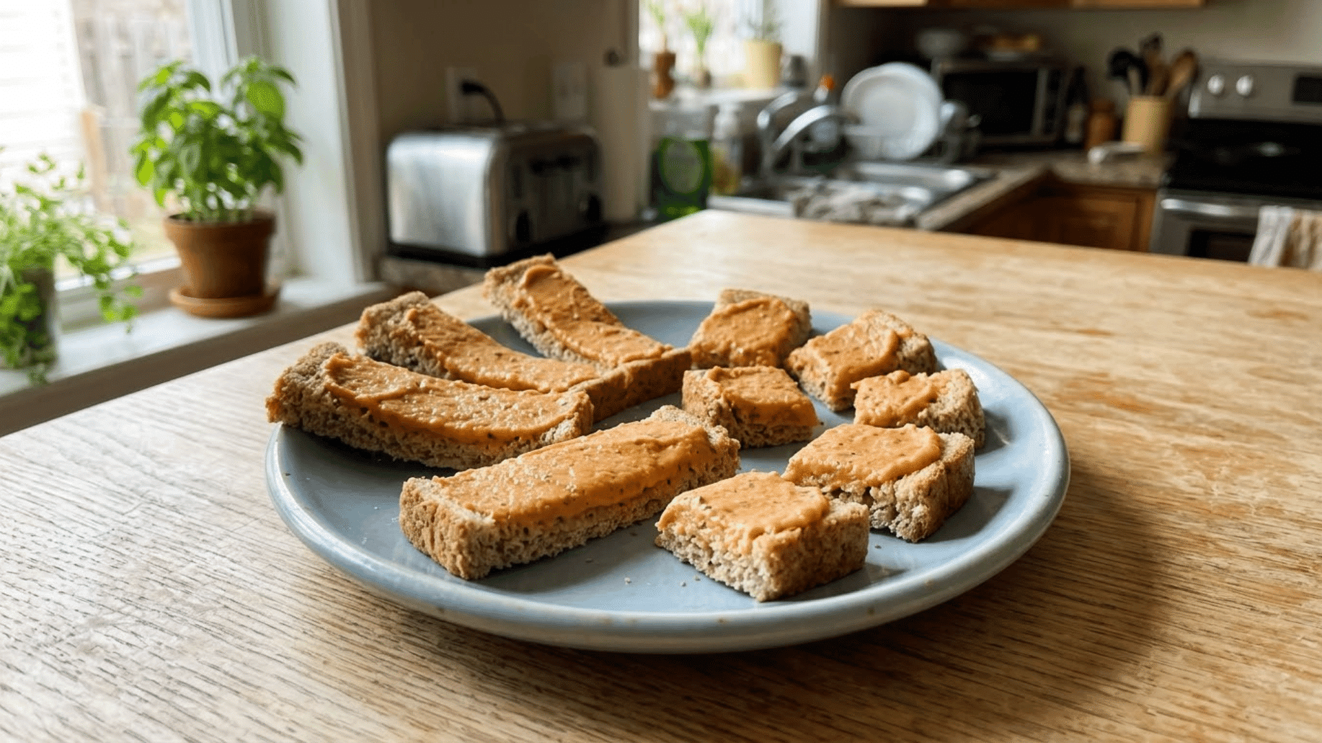 smooth red lentil spread served on soft whole-grain toast strips