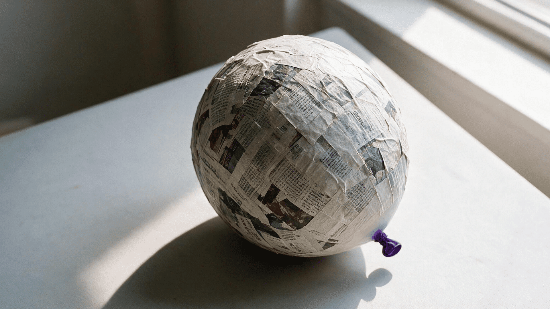 fully covered paper mache balloon resting to dry with visible newspaper texture on the surface