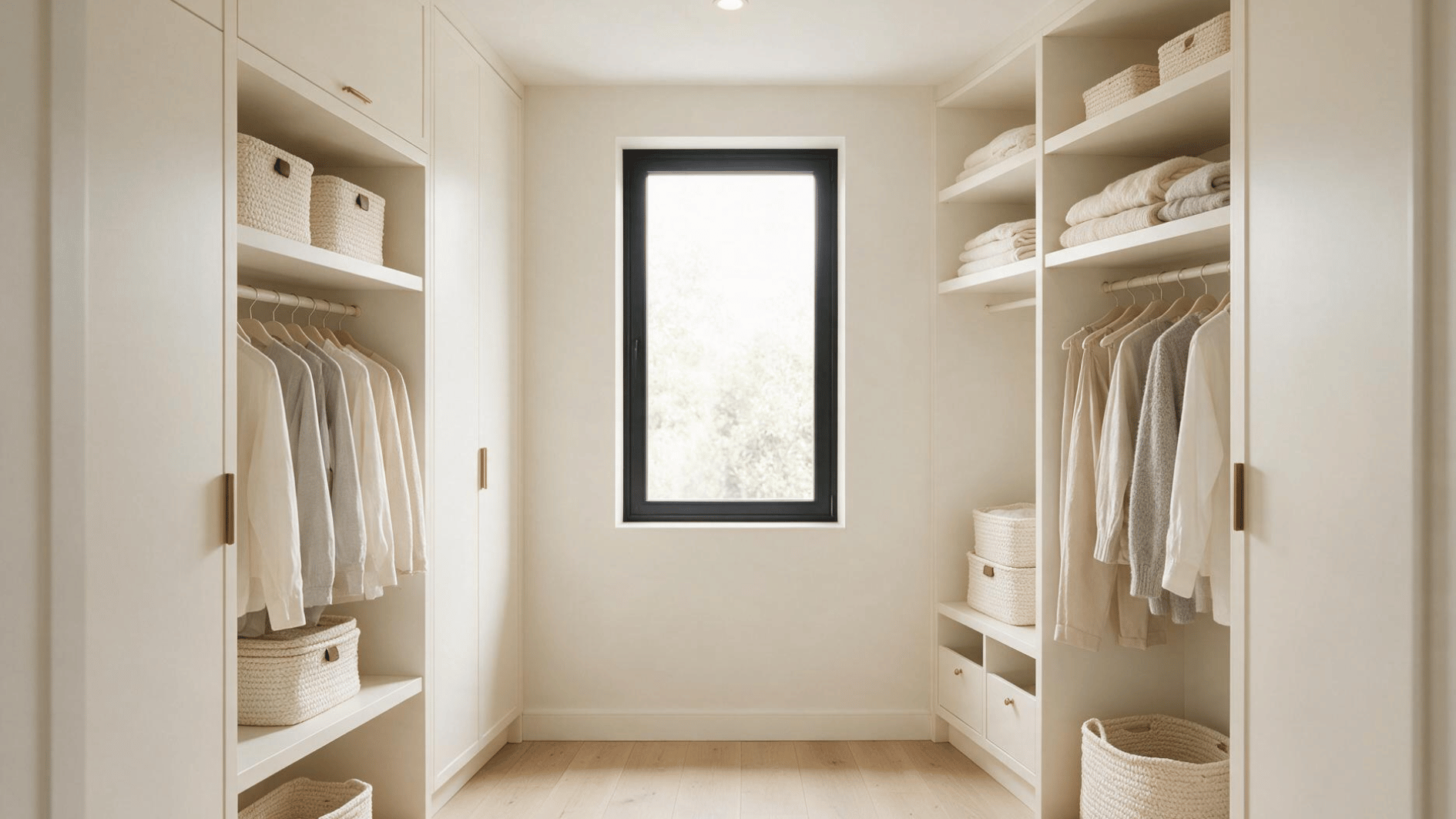 small walk-in closet with light cabinetry, ivory walls, and pale wood flooring