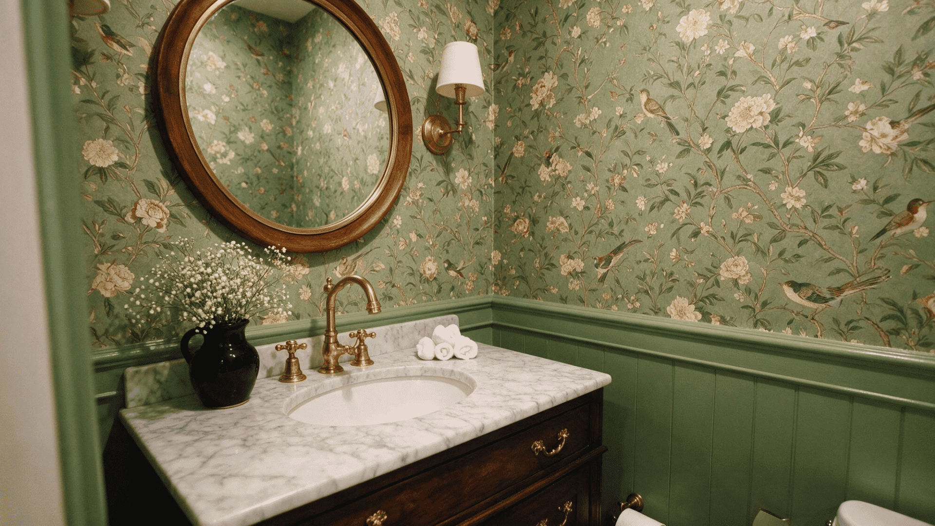 small half bathroom with bold botanical wallpaper, dark wood vanity, marble countertop, and a round brass-framed mirror