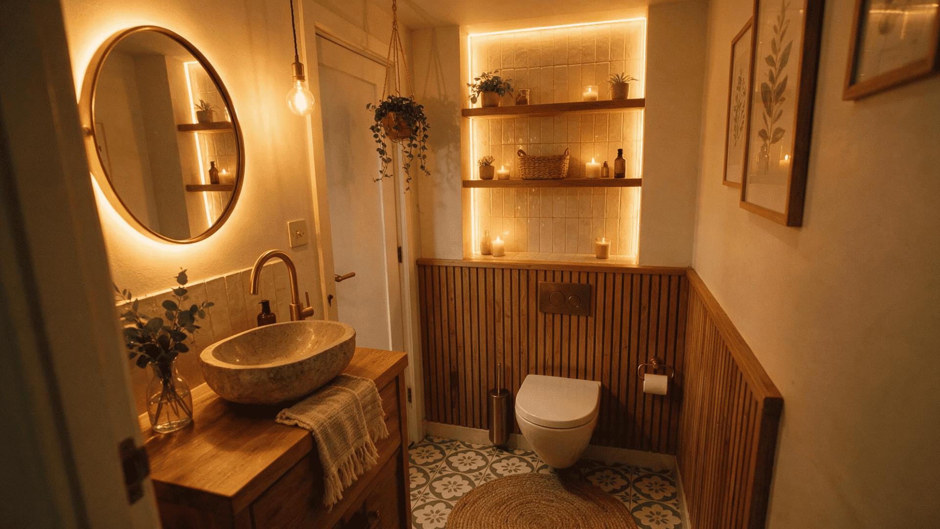 small cozy half bathroom with a backlit tiled niche, wood paneling, and patterned floor tile as the focal point