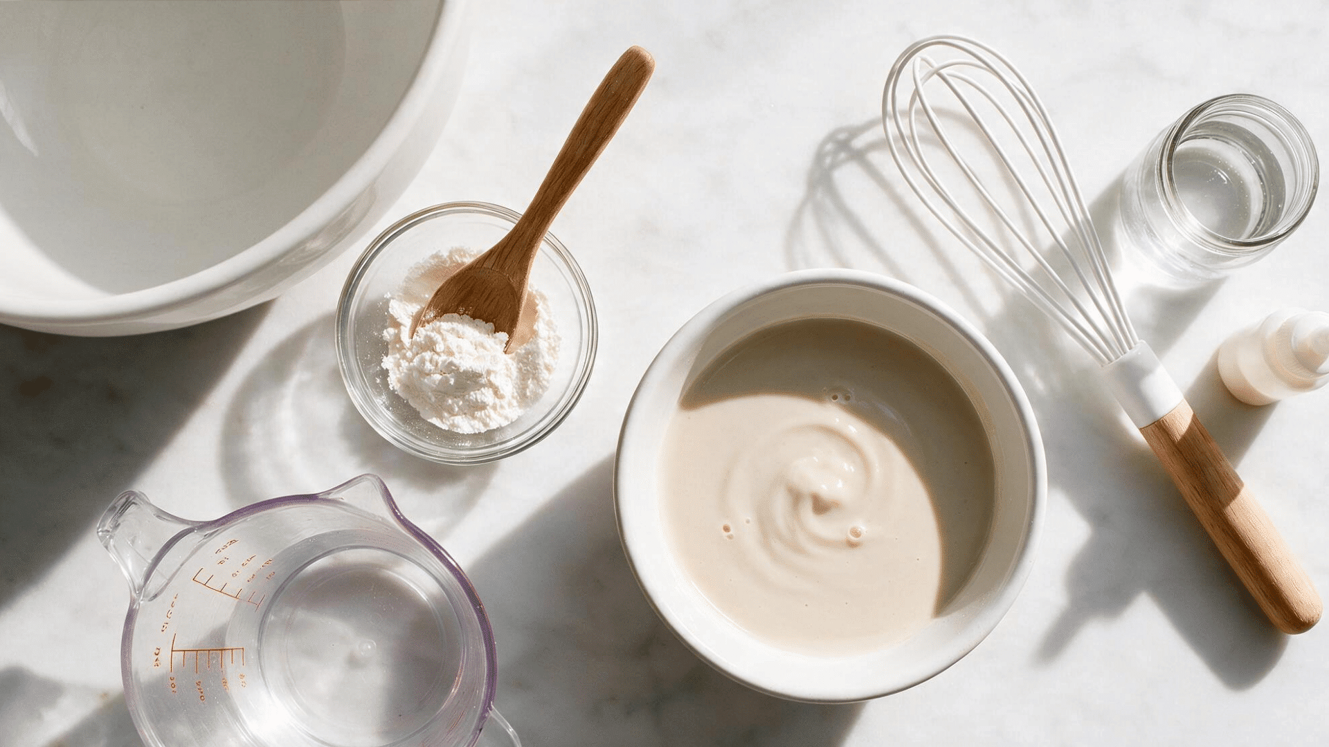 flat lay of paper mache paste ingredients including flour, water, whisk, measuring cup, and mixing bowl