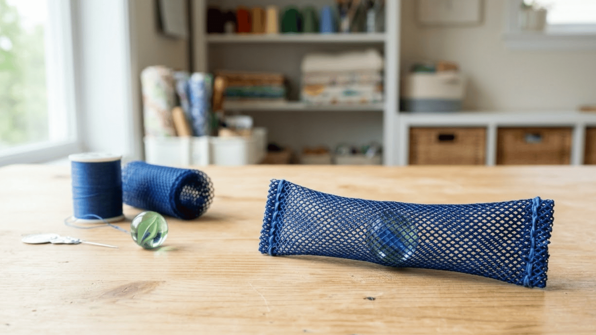 marble mesh fidget tube with stitched ends resting on a light wood table beside thread and a spare marble here