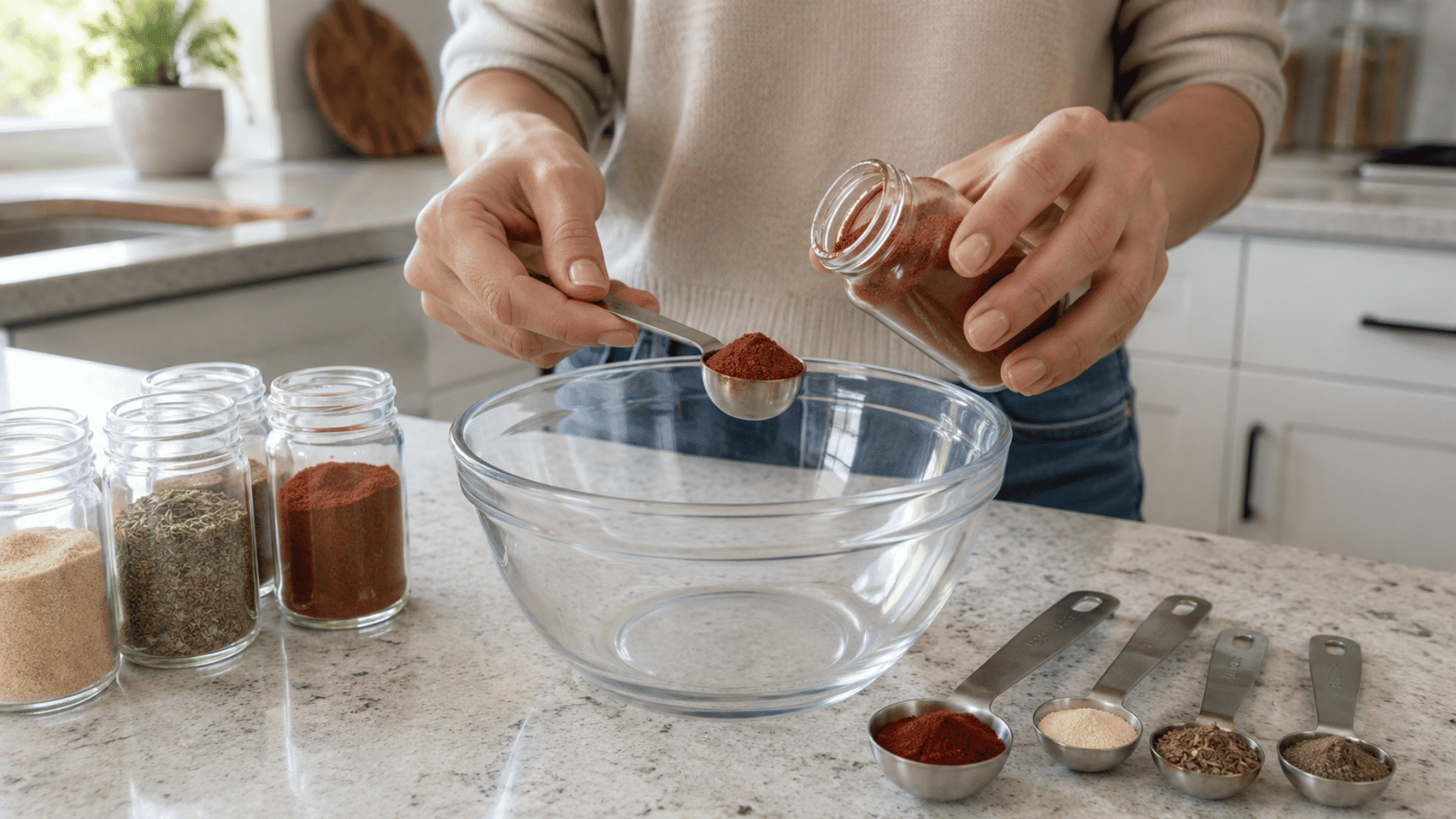 hands measuring spices into a spoon above a glass bowl while preparing diy taco seasoning