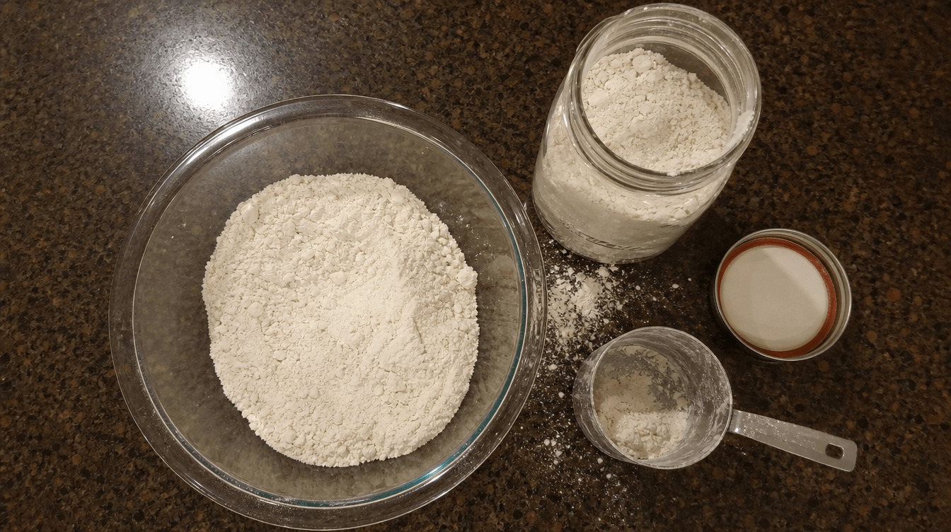dry <echighlighted><echighlighted>homemade pancake mix</echighlighted></echighlighted> measured into a glass bowl beside the storage jar.