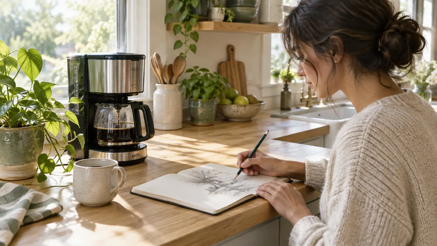 Woman sketching in notebook at bright kitchen counter with houseplants and coffee pot nearby