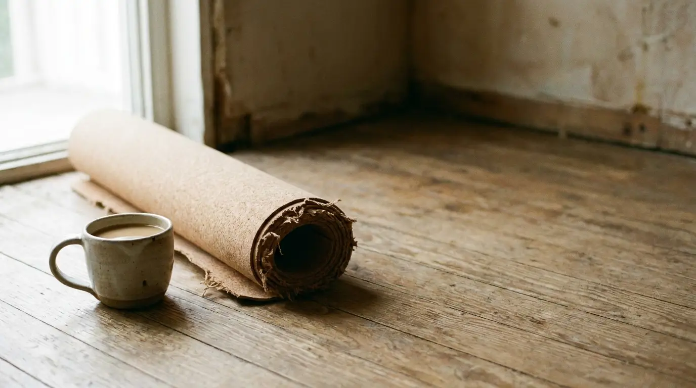 Yoga mat and coffee cup on rustic wooden floor by a window