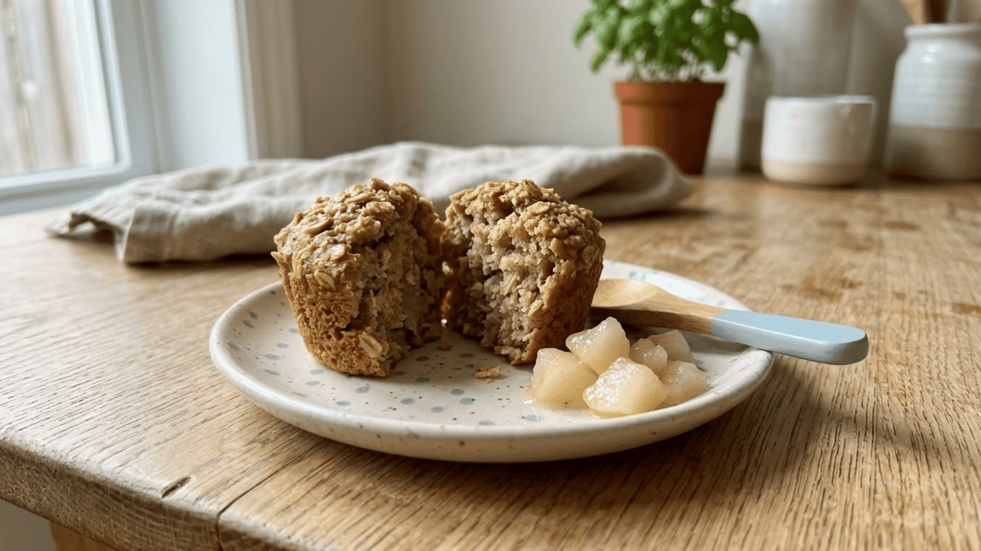 soft mini oatmeal muffin served with small pieces of steamed pear