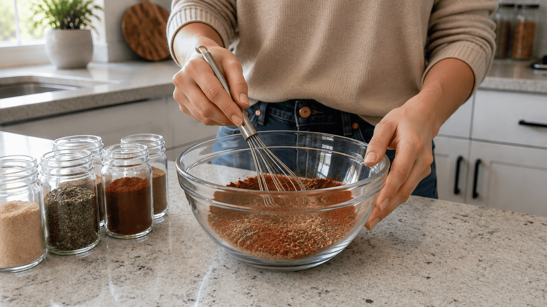 hands whisking measured taco seasoning spices together in a clear glass mixing bowl