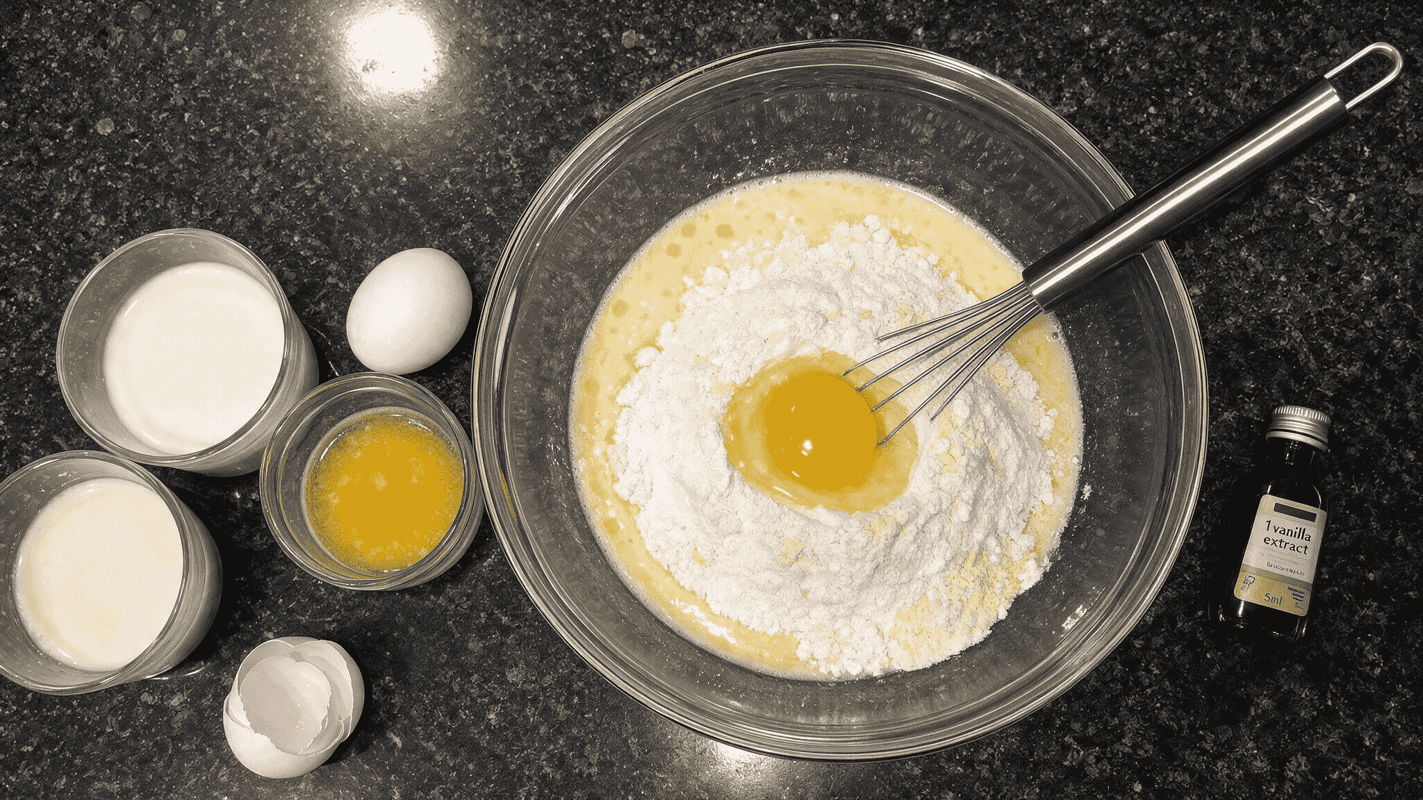 buttermilk, egg, melted butter, and vanilla poured over dry pancake mix before stirring.