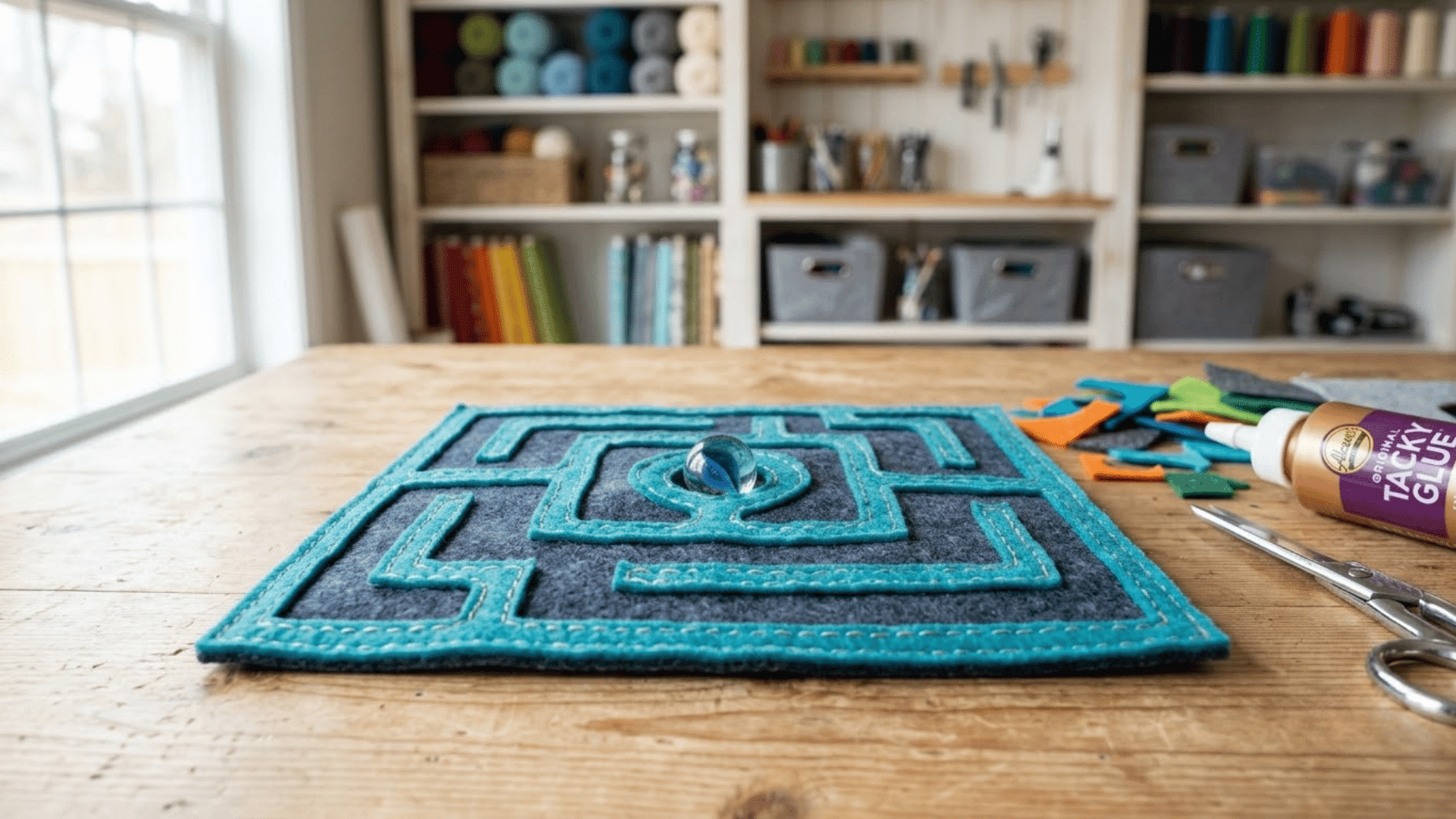 no sew felt marble maze with sealed paths resting on a light wood craft table beside felt and fabric glue here