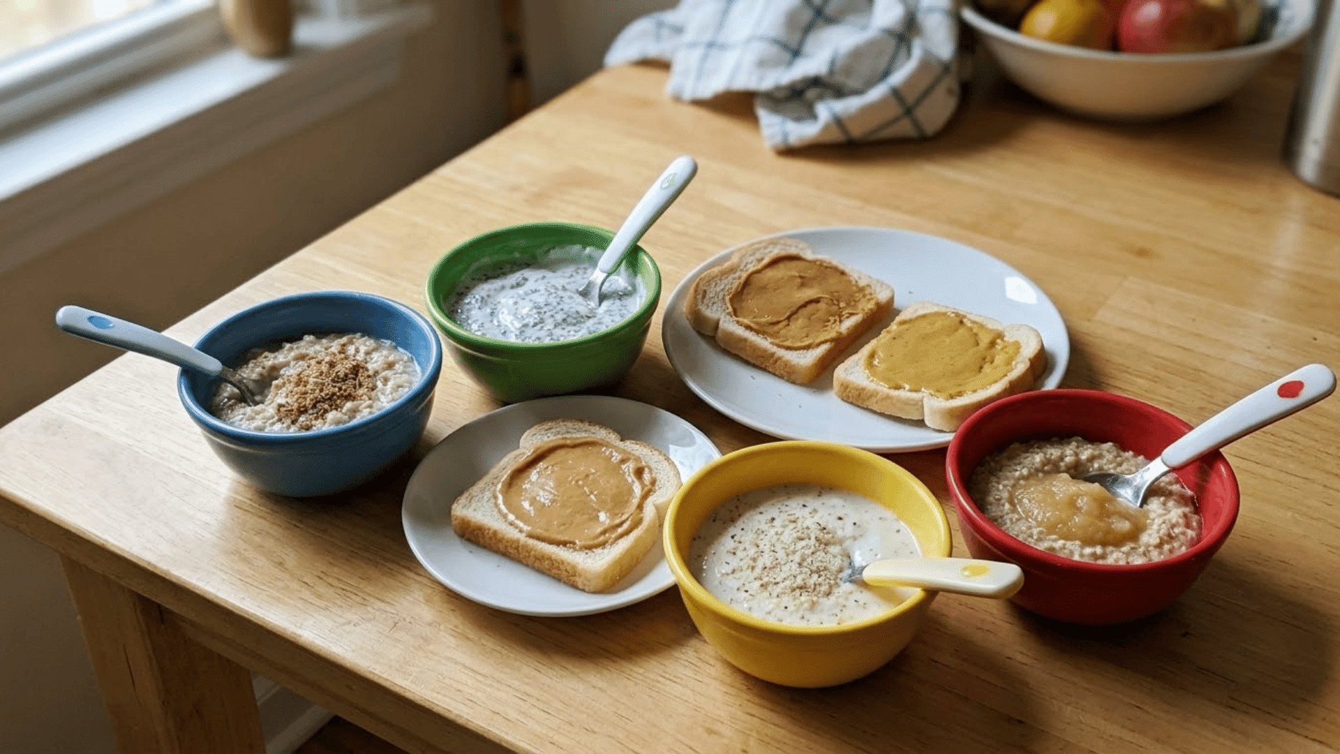 toddler-safe flaxseed, soaked chia, smooth nut butter, ground nuts, and oat bran add-ins