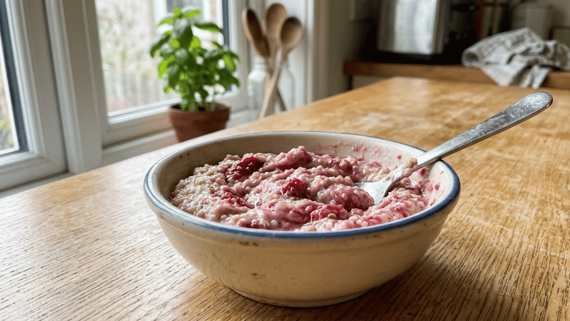 soft oatmeal mixed with mashed raspberries in a small toddler bowl
