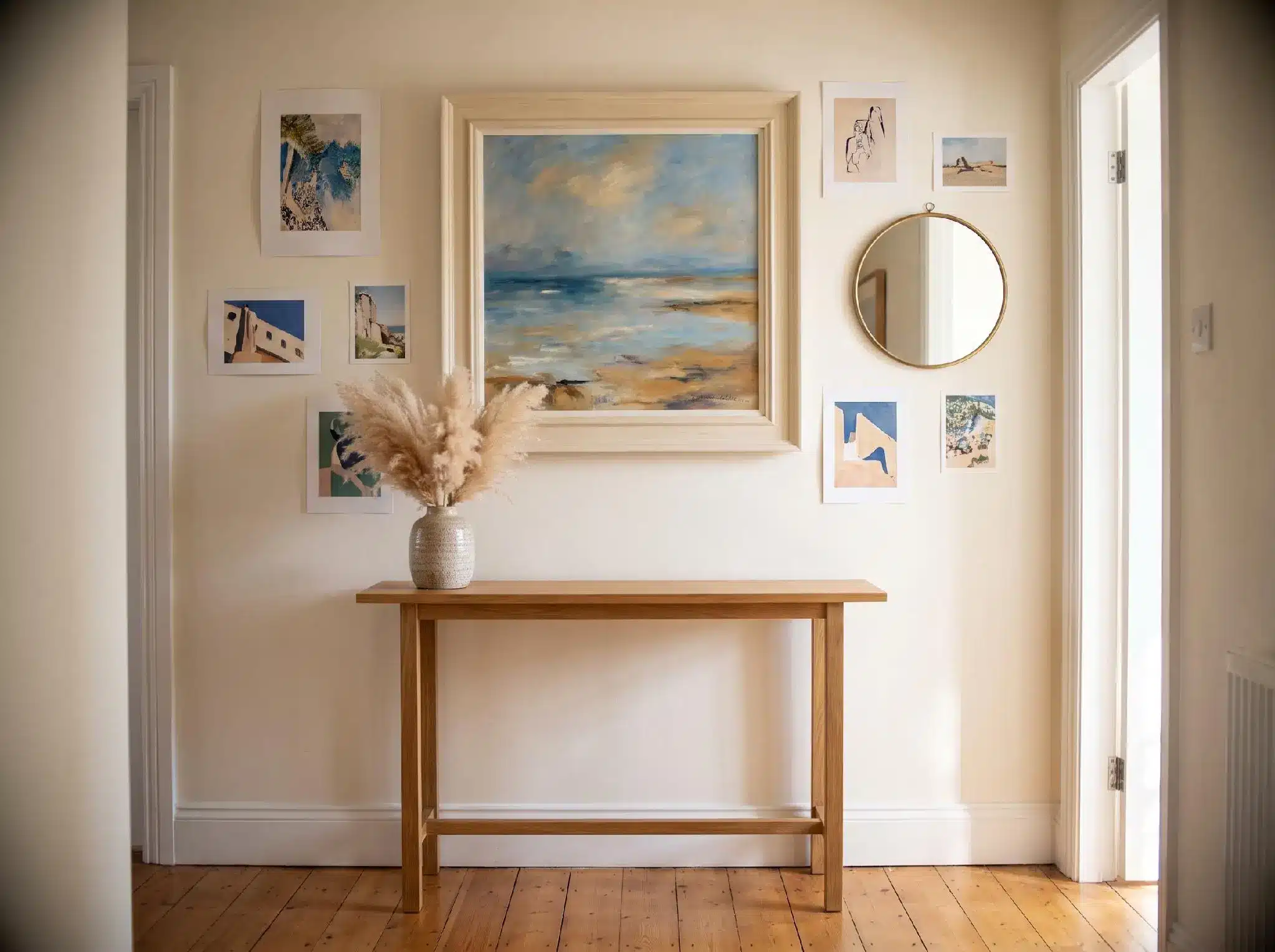 Wooden console table with vase of pampas grass beneath coastal painting and wall art display