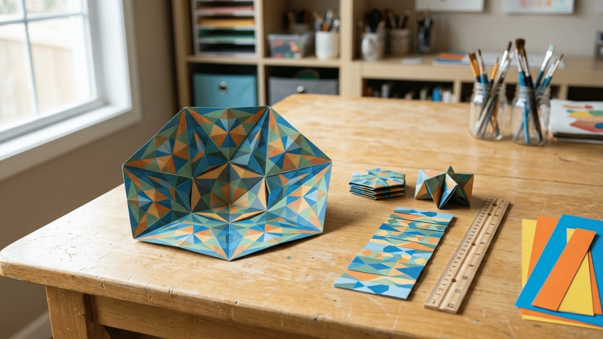 origami flexagon fidget unfolded across a light wood table with folded paper strips and rulers placed close by
